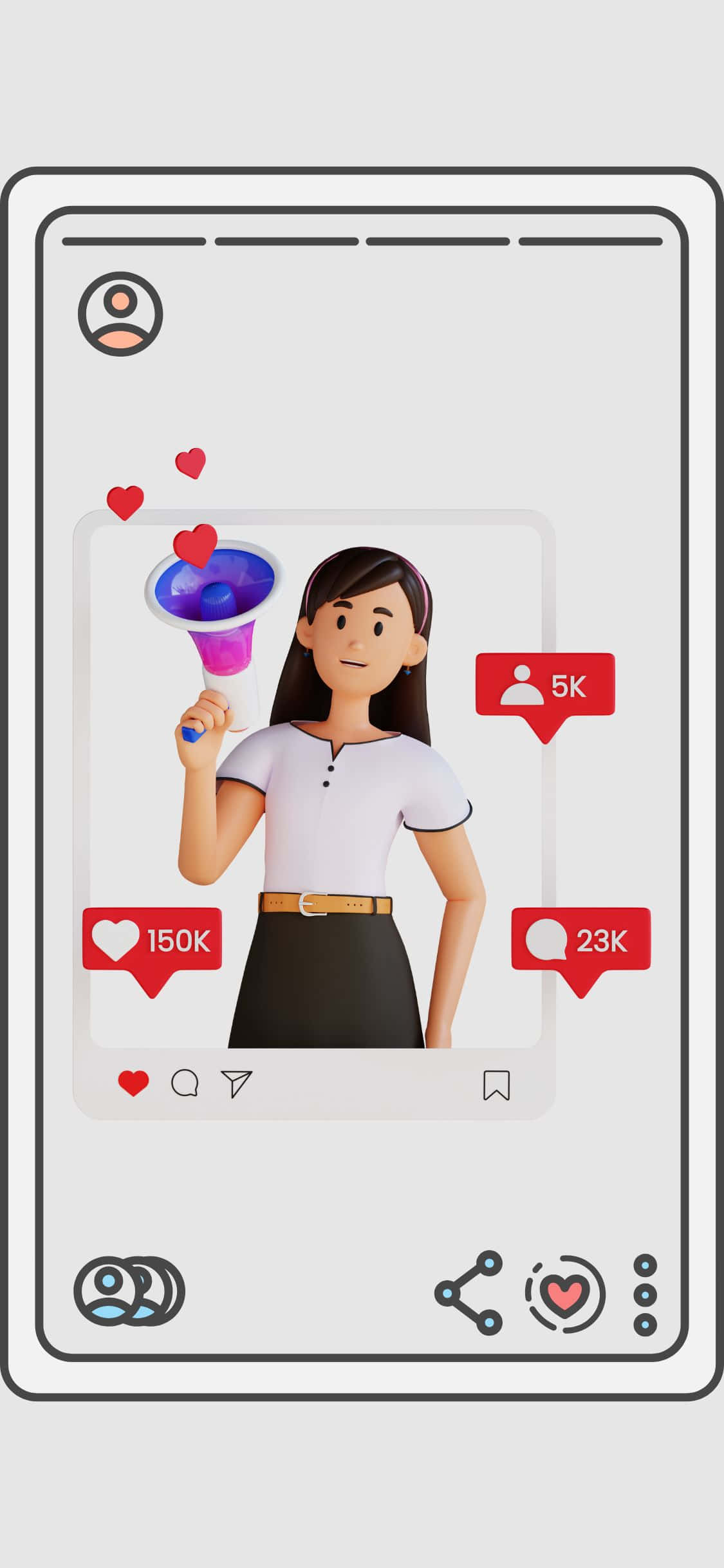 iPhone X Social 桌布 壁紙 — 一個3D渲染的女人拿著擴音器，社交媒體圖標在手機螢幕上顯示15萬個讚和5千個追蹤者。