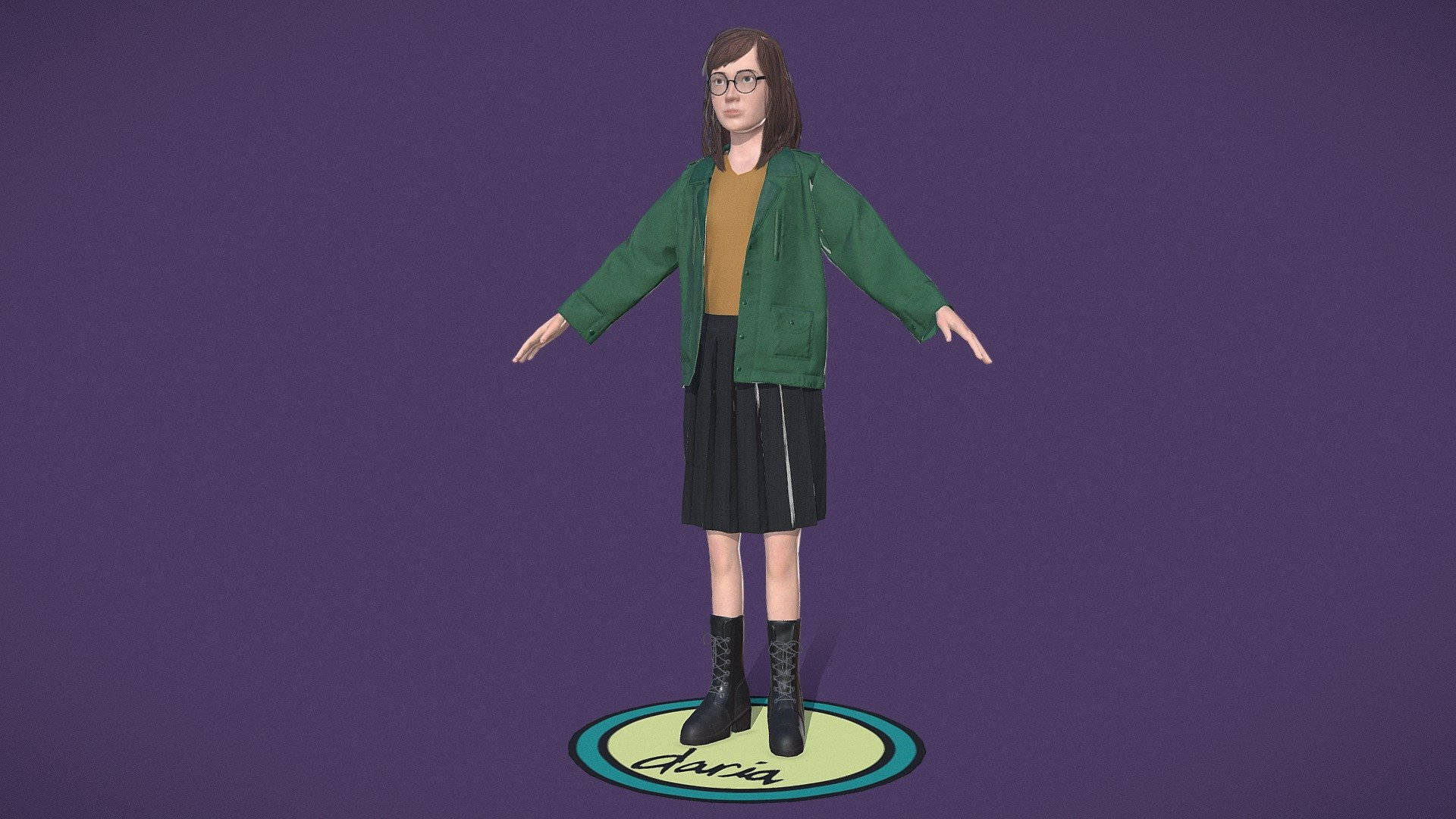 Daria 桌布 壁紙 — 一個3D渲染的女孩，穿著綠色外套和黑色裙子，站在圓形平台上，背景為純紫色。