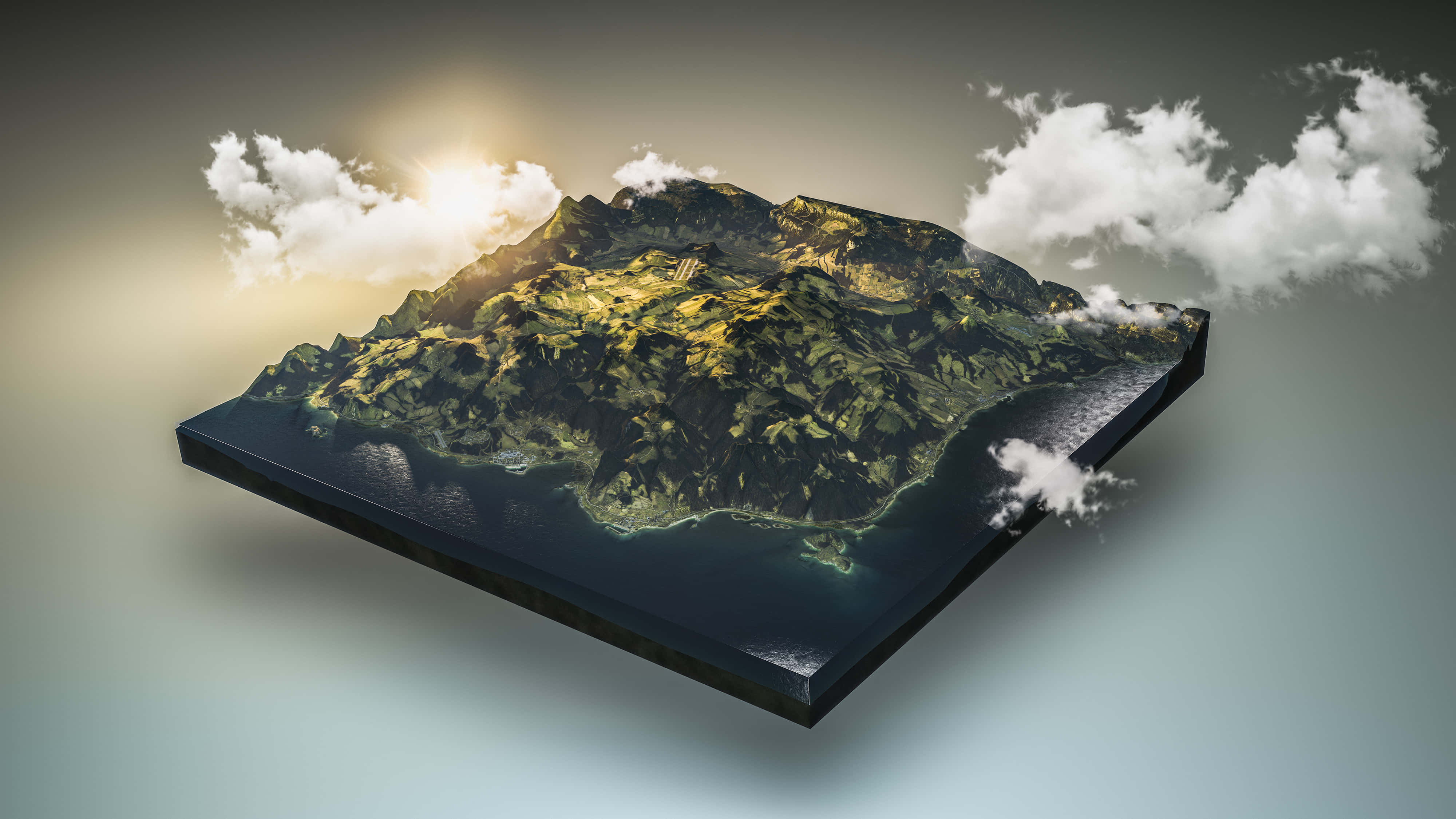3d Map 桌布 壁紙 — 一個3D渲染的山島，擁有茂密的綠色山坡和深色海洋，漂浮在帶有雲朵和陽光的柔和漸變天空中。