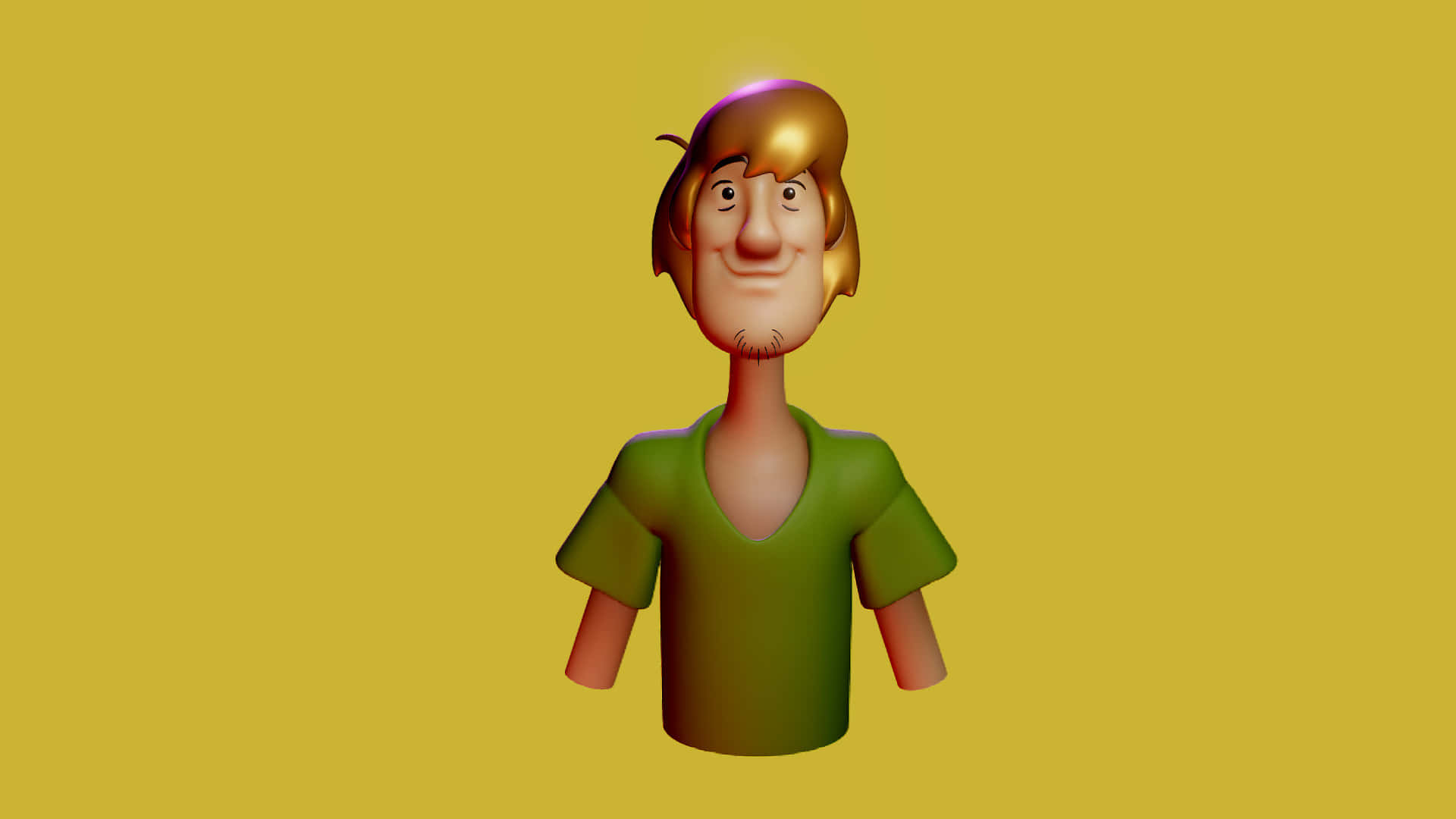 Shaggy Rogers 桌布 壁紙 — 一個3D渲染的快樂卡通人物半身像，金髮，穿著綠色襯衫，背景為純黃色。