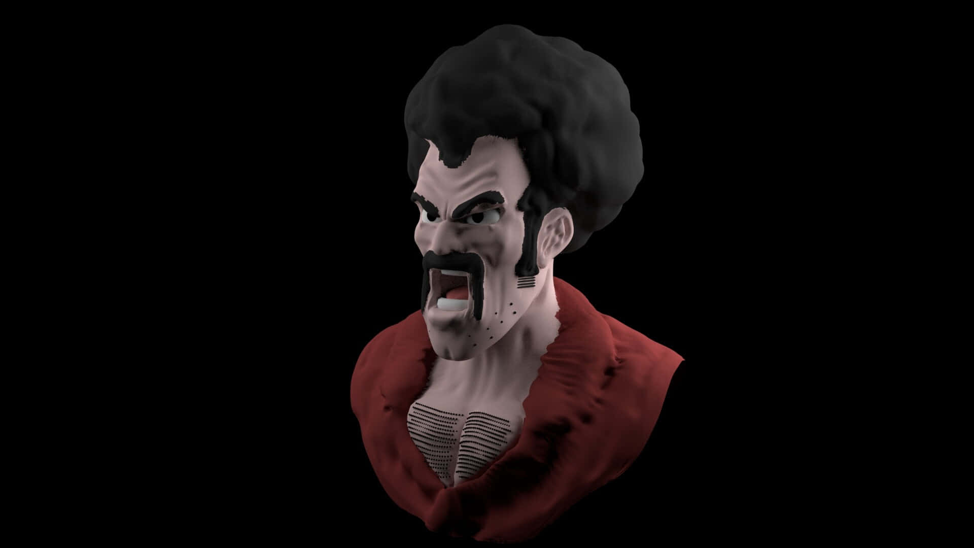 Hercule Satan 桌布 壁紙 — 一個3D渲染的憤怒動漫角色半身像，擁有黑色非洲式頭髮、紅色斗篷和咬緊的牙齒，背景為黑色。