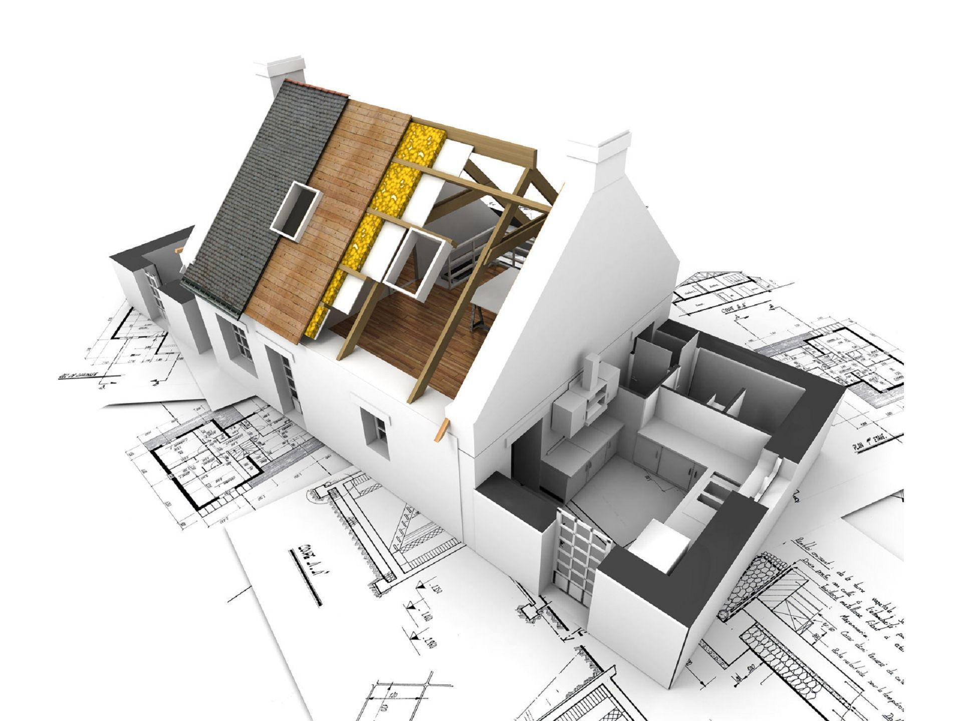 Building 桌布 壁紙 — 一個3D渲染的房屋模型，帶有外露的木樑和屋頂材料，放置在散落的建築藍圖上。