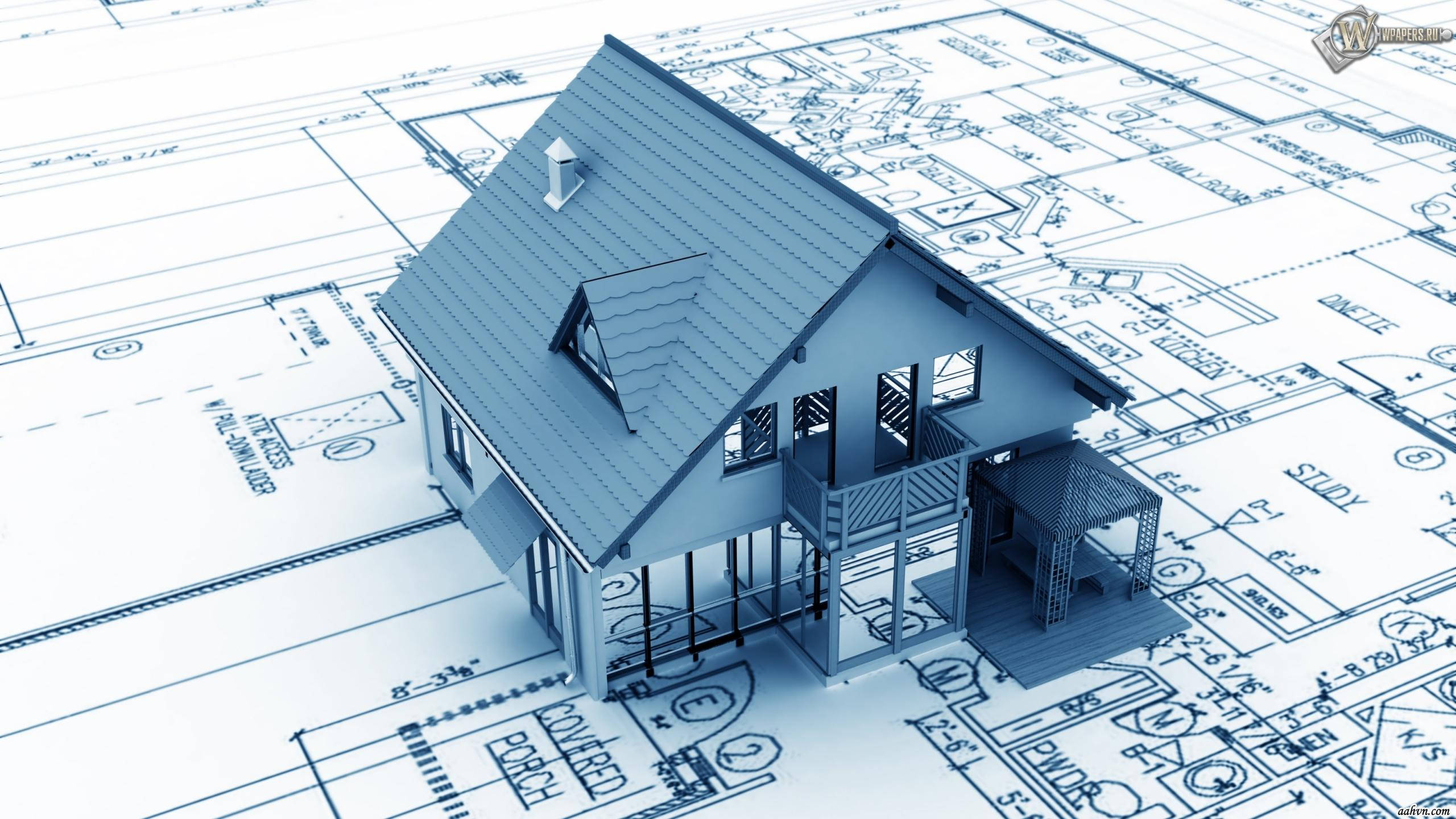 engineering 桌布 壁紙 — 一個3D渲染的房屋模型放在詳細的藍圖上，顯示樓層平面圖和房間標籤。
