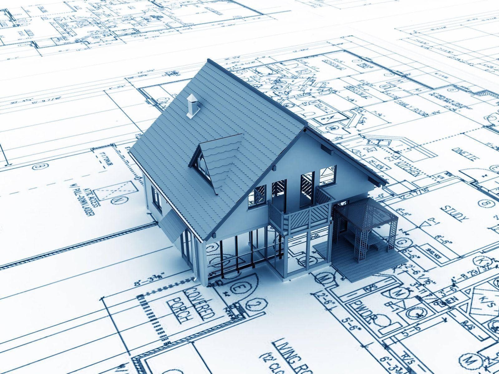 Building 桌布 壁紙 — 一個3D渲染的房屋模型放置在詳細的藍色建築藍圖上，呈現單色藍調。