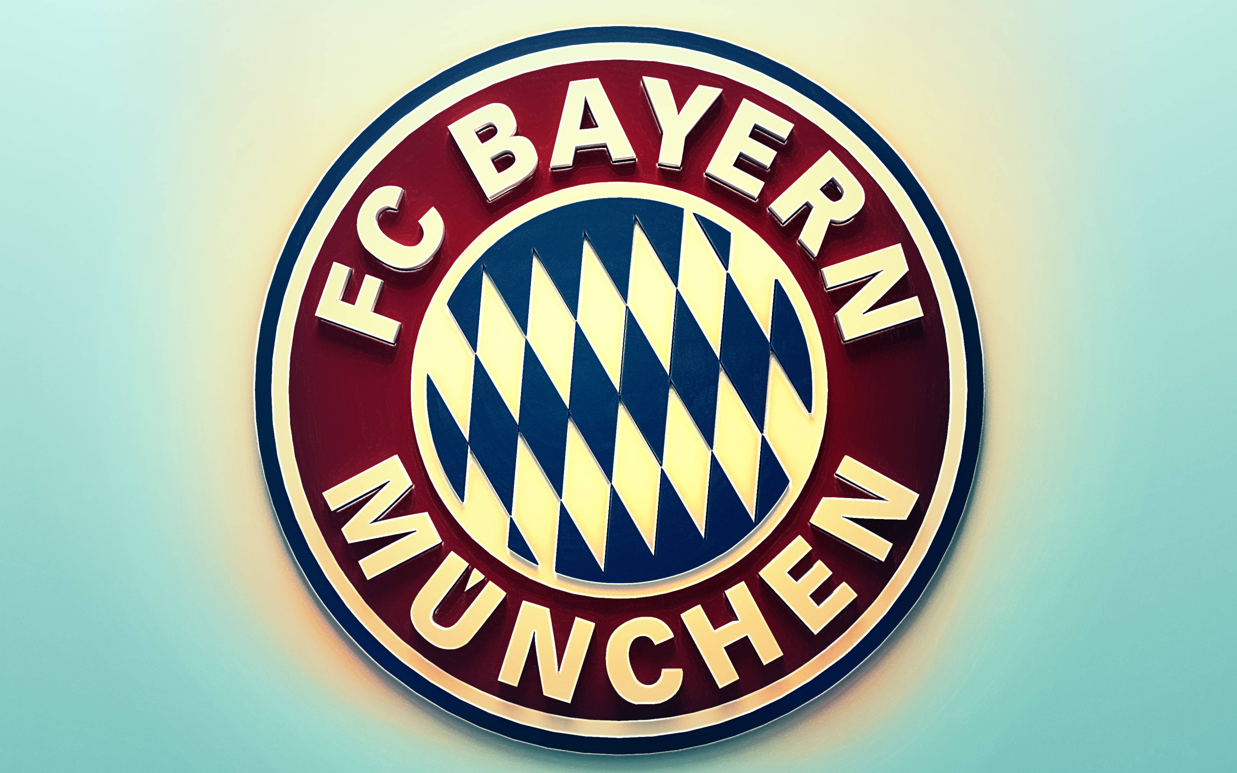 Bayern 桌布 壁紙 — 一個3D渲染的拜仁慕尼黑標誌，在栗色圓圈上帶有藍色和黃色鑽石圖案，背景為柔和漸變色。