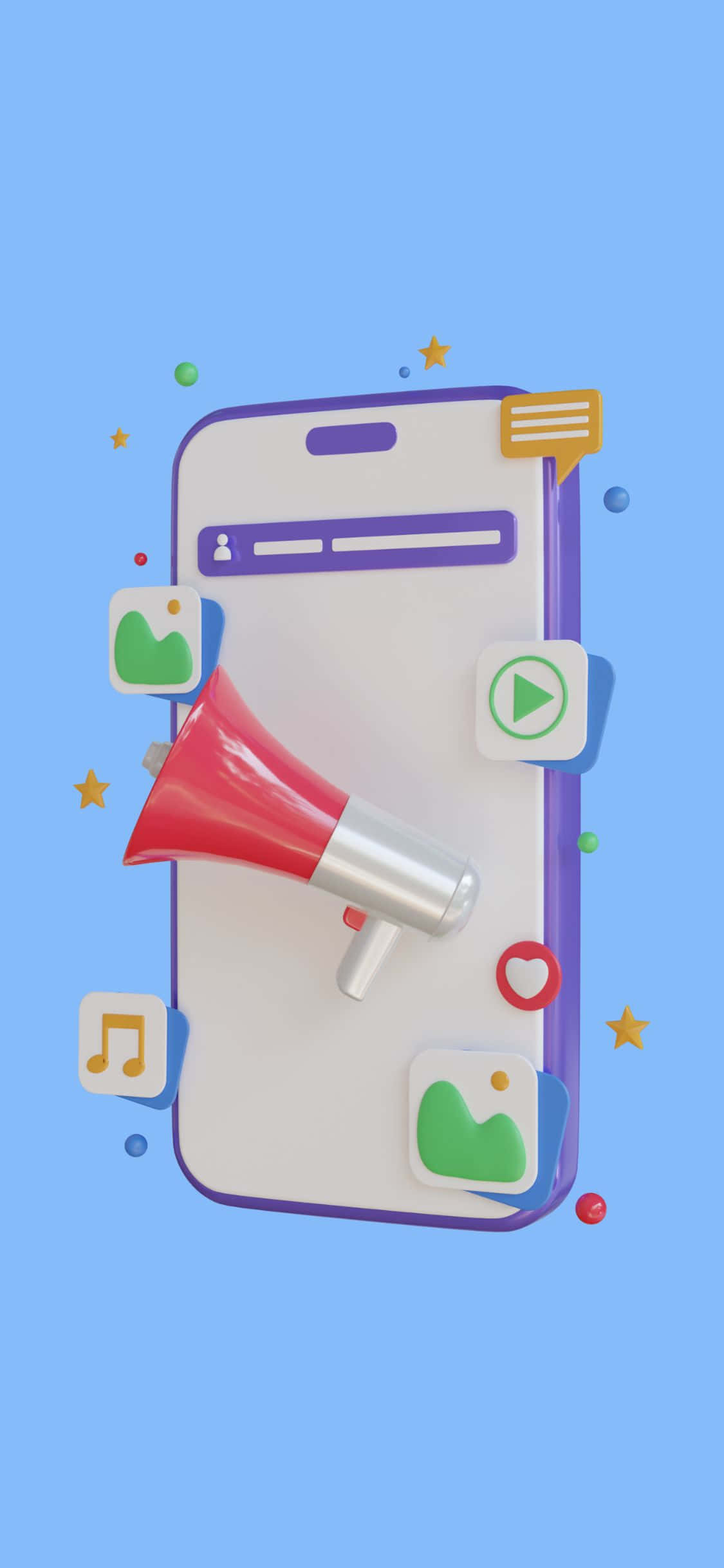 iPhone X Social 桌布 壁紙 — 一個3D渲染的智慧型手機，螢幕上爆出一個紅色擴音器，周圍漂浮著應用程式圖示，背景為淺藍色。