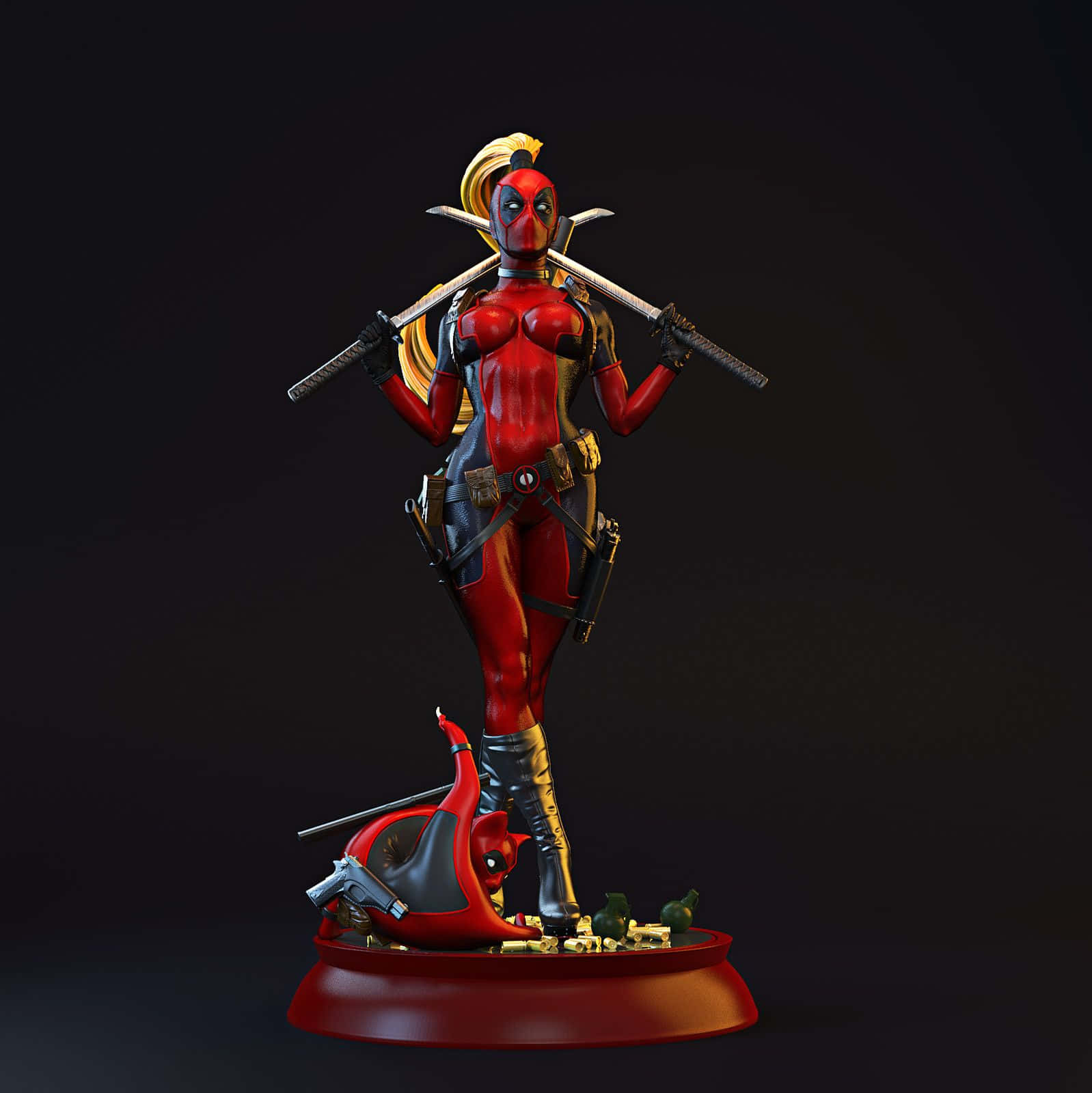 Lady Deadpool 桌布 壁紙 — 一個3D渲染的死侍雕像，身穿紅黑戰衣，手持兩把劍，底座上有頭盔和槍，背景為深色。