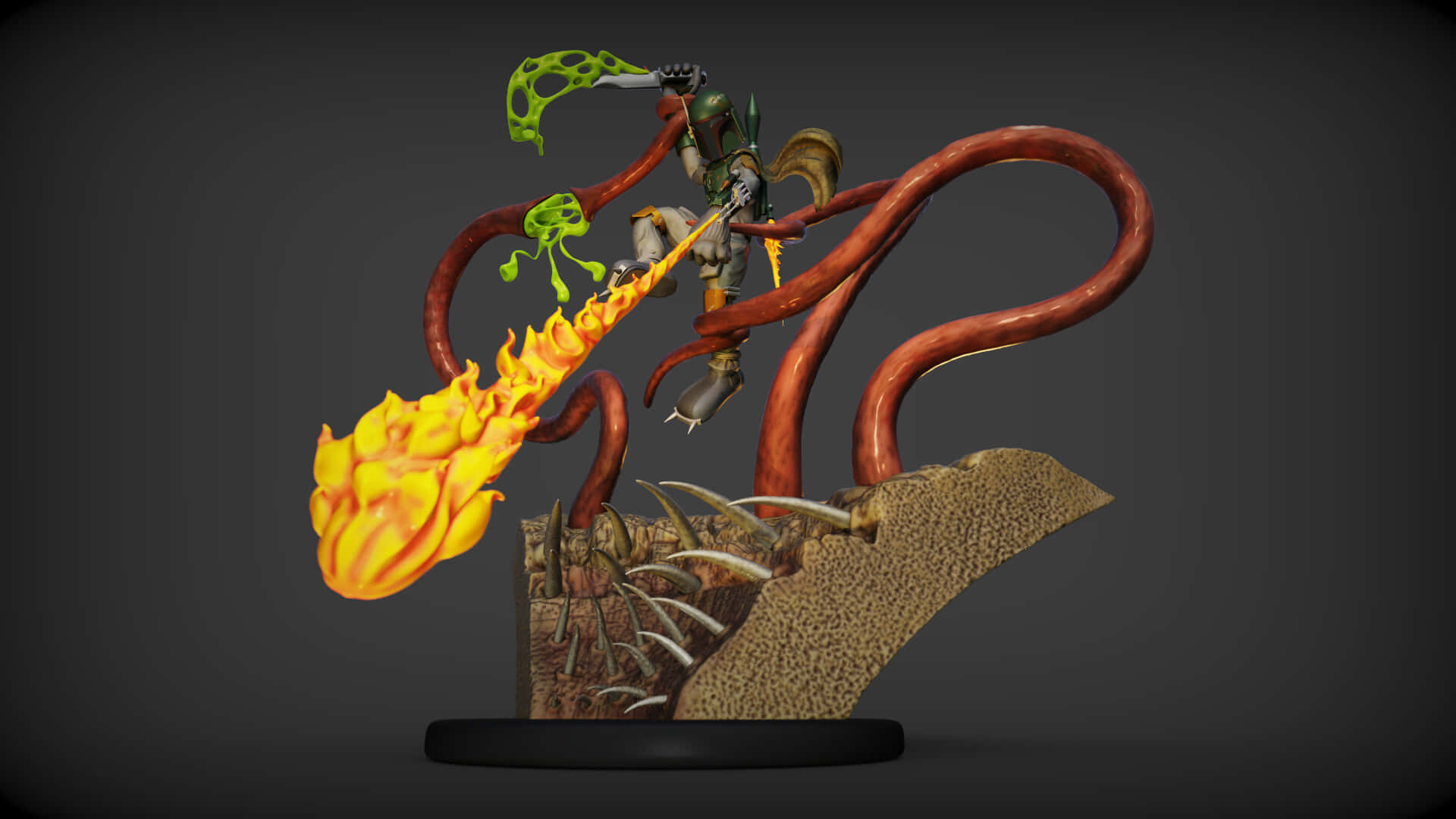 The Sarlacc Pit 桌布 壁紙 — 一個3D渲染的波巴·費特人偶在深灰色背景下，被紅色觸手纏住的同時發射火焰噴射器。