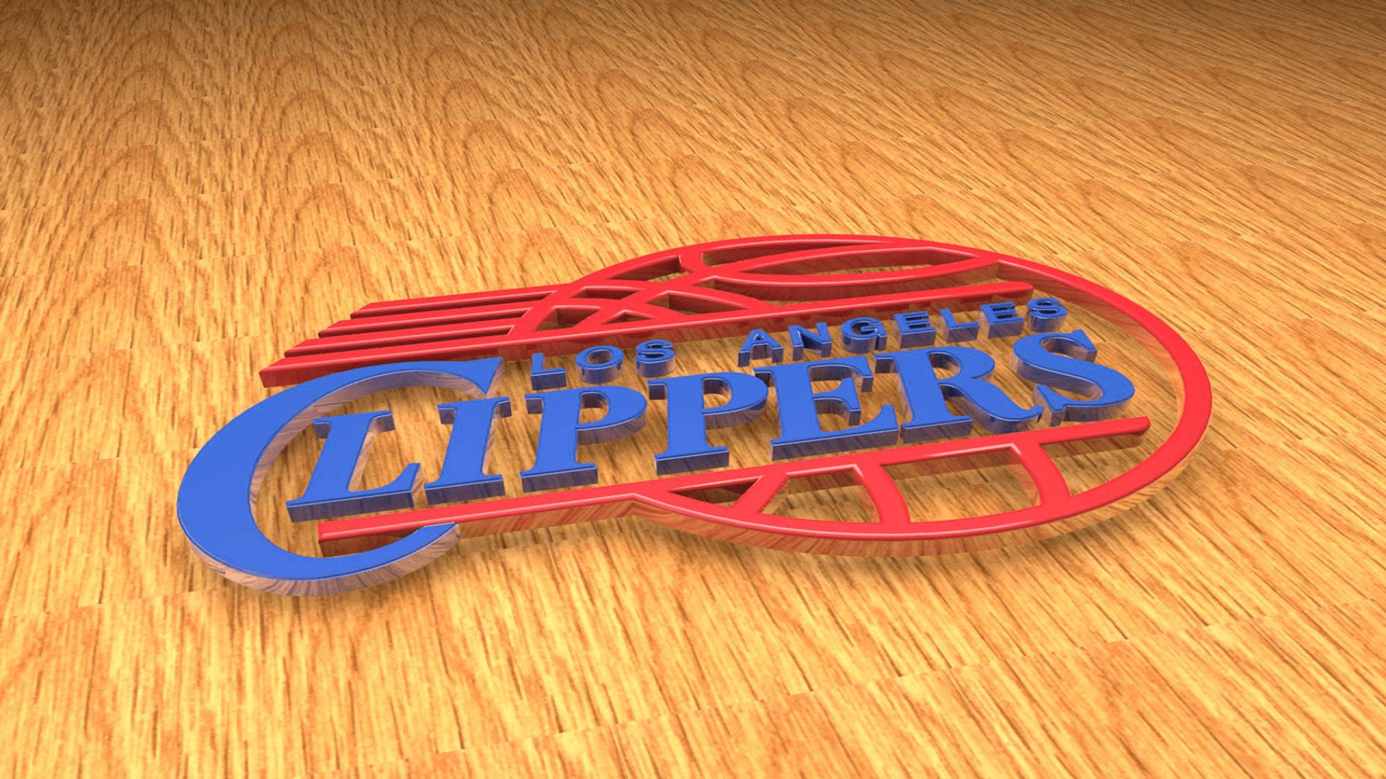 Clippers 桌布 壁紙 — 一個3D渲染的洛杉磯快艇隊標誌放置在淺色木地板上，帶有逼真的陰影和反射。