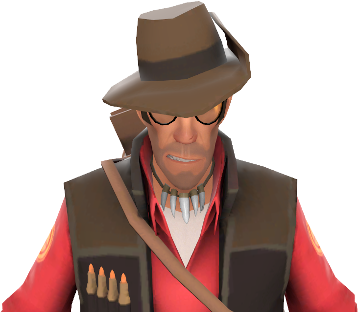 Tf2 桌布 壁紙 — 一個3D渲染的牛仔角色，戴著棕色帽子、眼鏡和子彈牙項鍊，穿著紅色襯衫和帶有彈藥袋的背心。