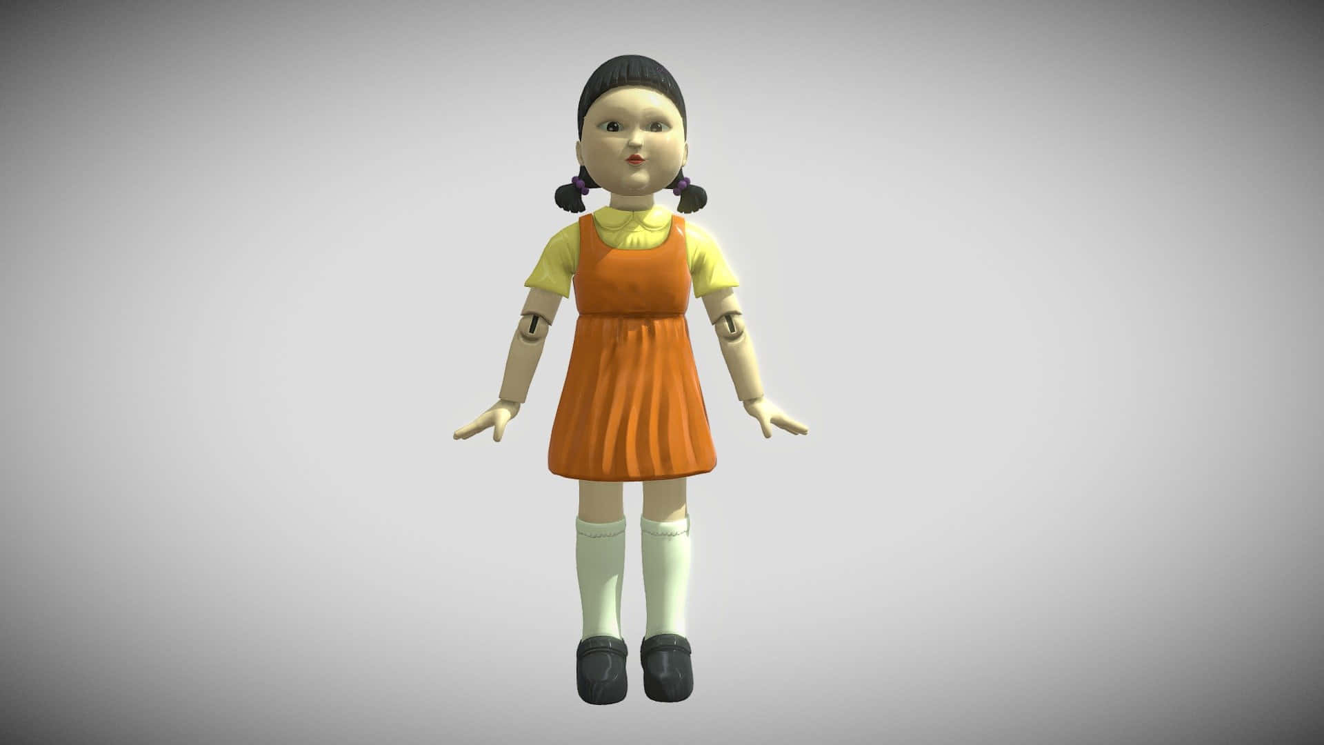 Squid Game 桌布 壁紙 — 一個3D渲染的玩偶，黑色辮子，穿著橙色連衣裙，內搭黃色襯衫和白色襪子，背景為純灰色。