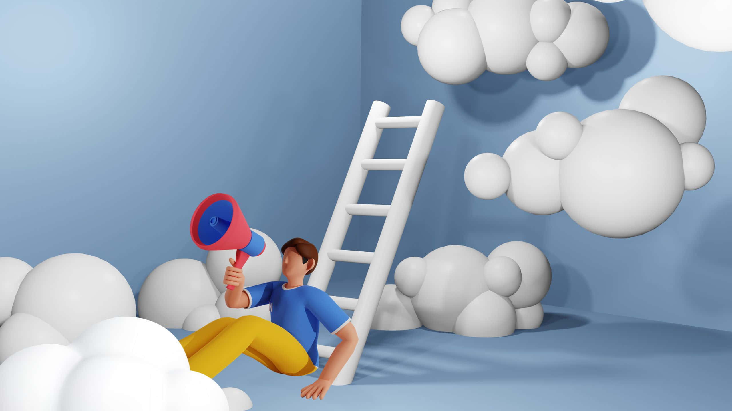 2560x1440 動態圖片 桌布 壁紙 — 一個3D渲染的男人，穿著藍色襯衫和黃色褲子，坐在雲端上，手持紅色擴音器，旁邊有一把白色的梯子向上延伸。