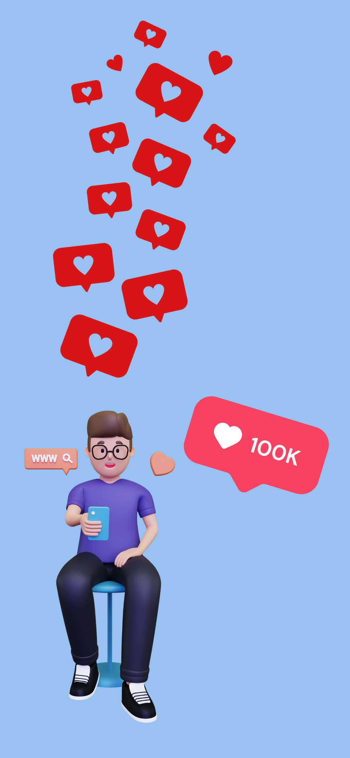 iPhone X Social 桌布 壁紙 — 一個3D渲染的男人坐在凳子上拿著手機，紅色心形圖標和100k通知在淺藍色背景上向上飄浮。