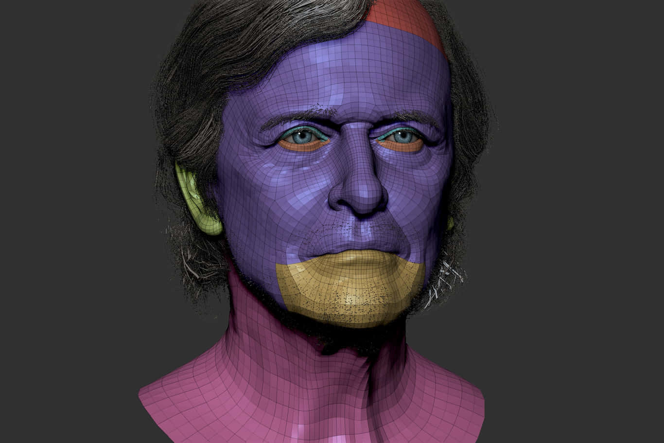 actor 桌布 壁紙 — 一個3D渲染的男性半身像，紫色皮膚，帶有線框網格疊加，背景為深灰色。
