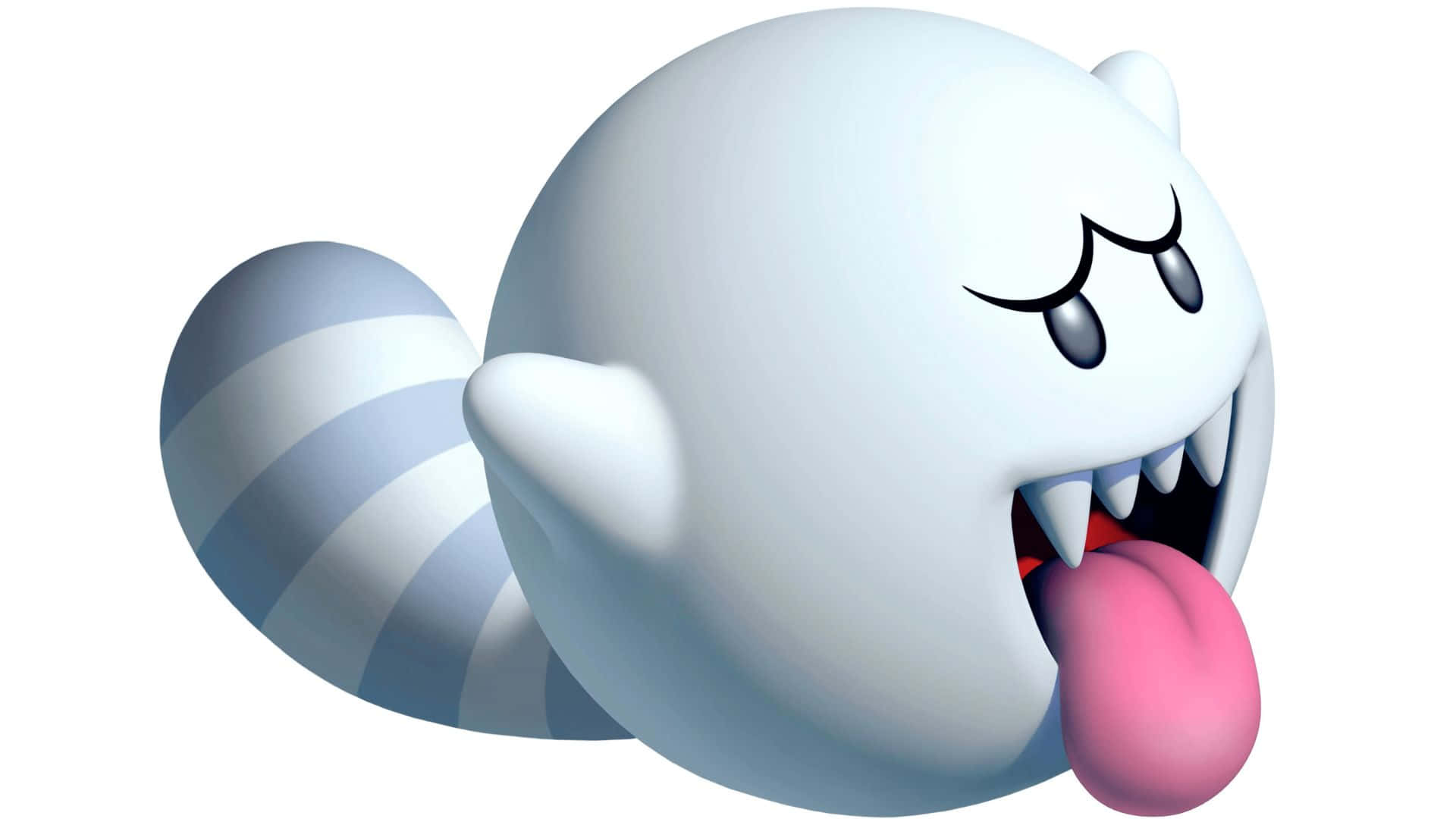 King Boo 桌布 壁紙 — 一個3D渲染的白色鬼魂，帶有藍色條紋尾巴，伸出粉紅色舌頭，露出尖銳牙齒，背景為純白色。