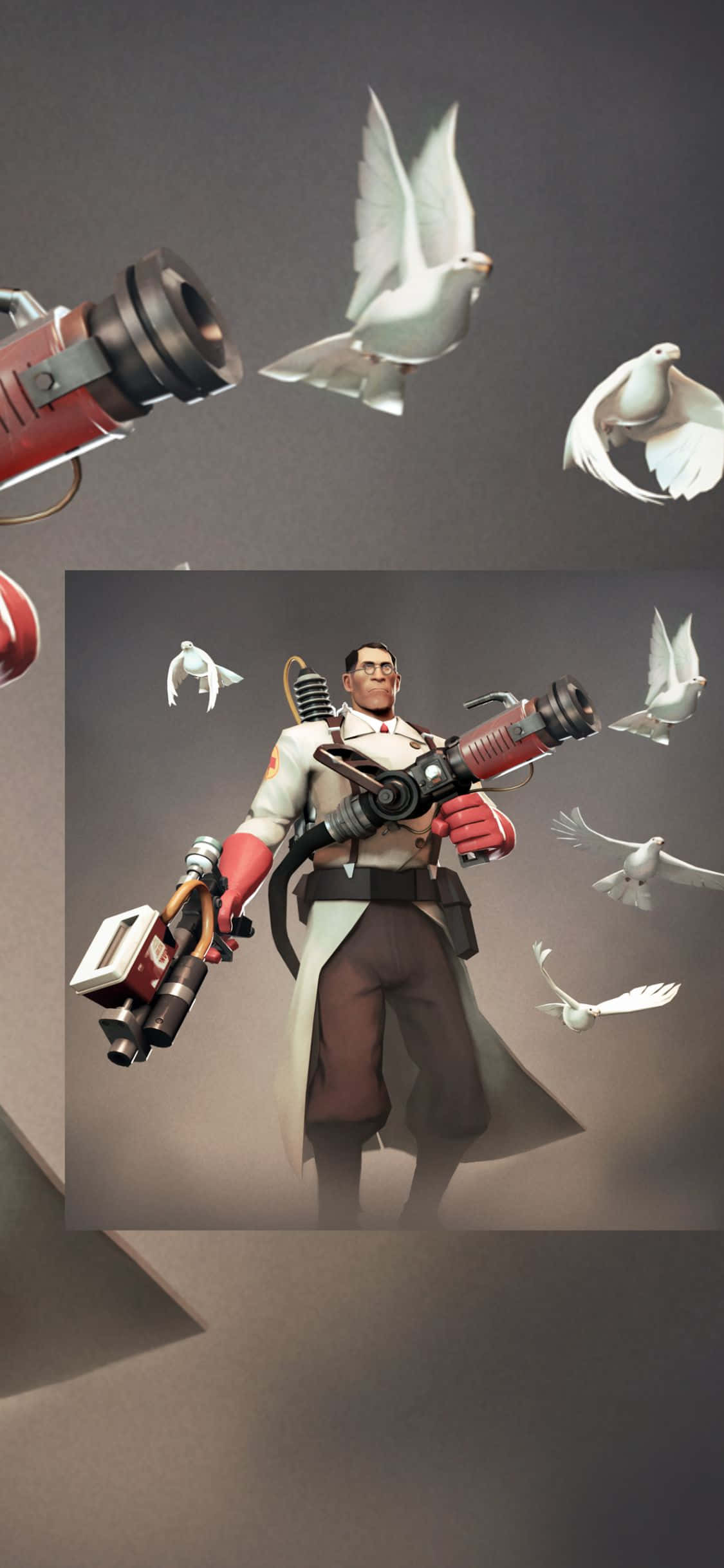 iPhone Xs Team Fortress 2 桌布 壁紙 — 一個3D渲染的科學家穿著實驗室外套，手持一把巨大的紅色武器，白色鴿子在他周圍飛翔，背景為灰色。