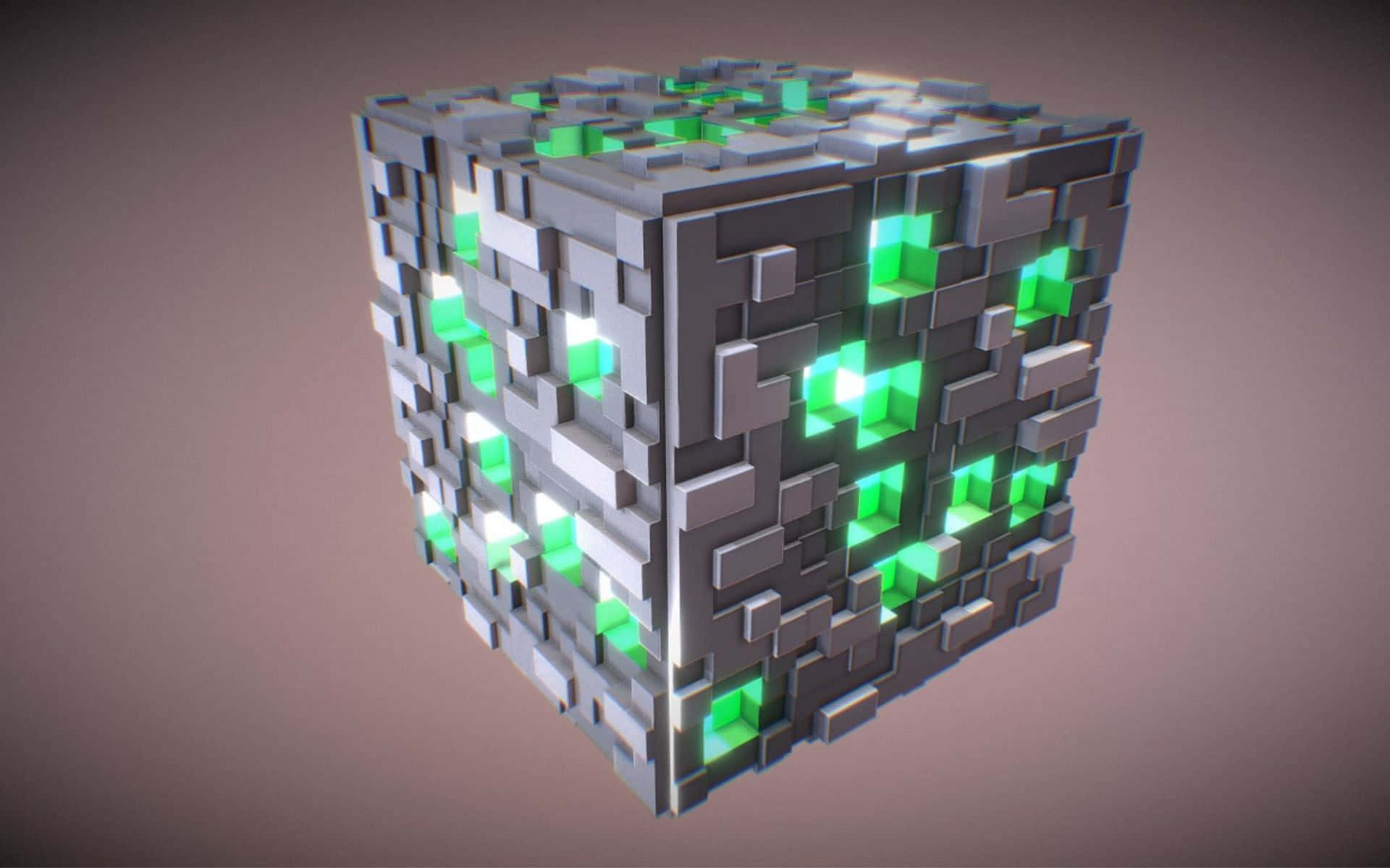 Minecraft Emeralds 桌布 壁紙 — 一個3D渲染的立方體，其灰色表面上嵌有發光的綠色像素狀方塊，背景為柔和的棕色。