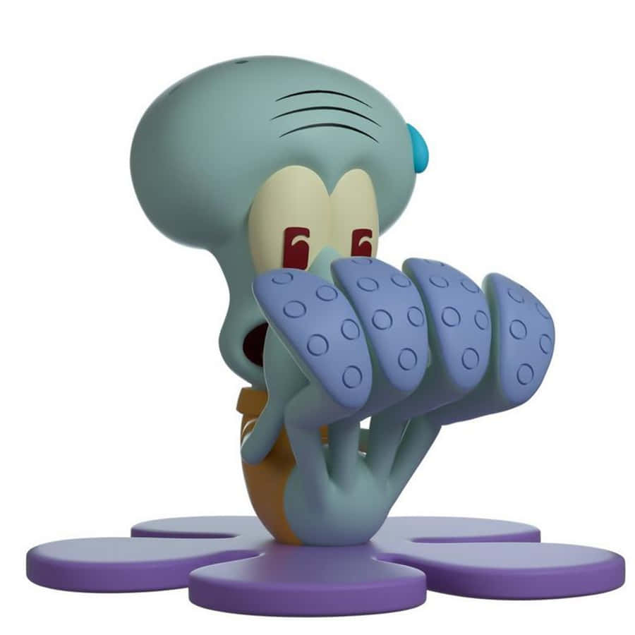 Squidward 桌布 壁紙 — 一個3D渲染的章魚哥（Squidward Tentacles）公仔，用觸手遮住臉，背景為白色。