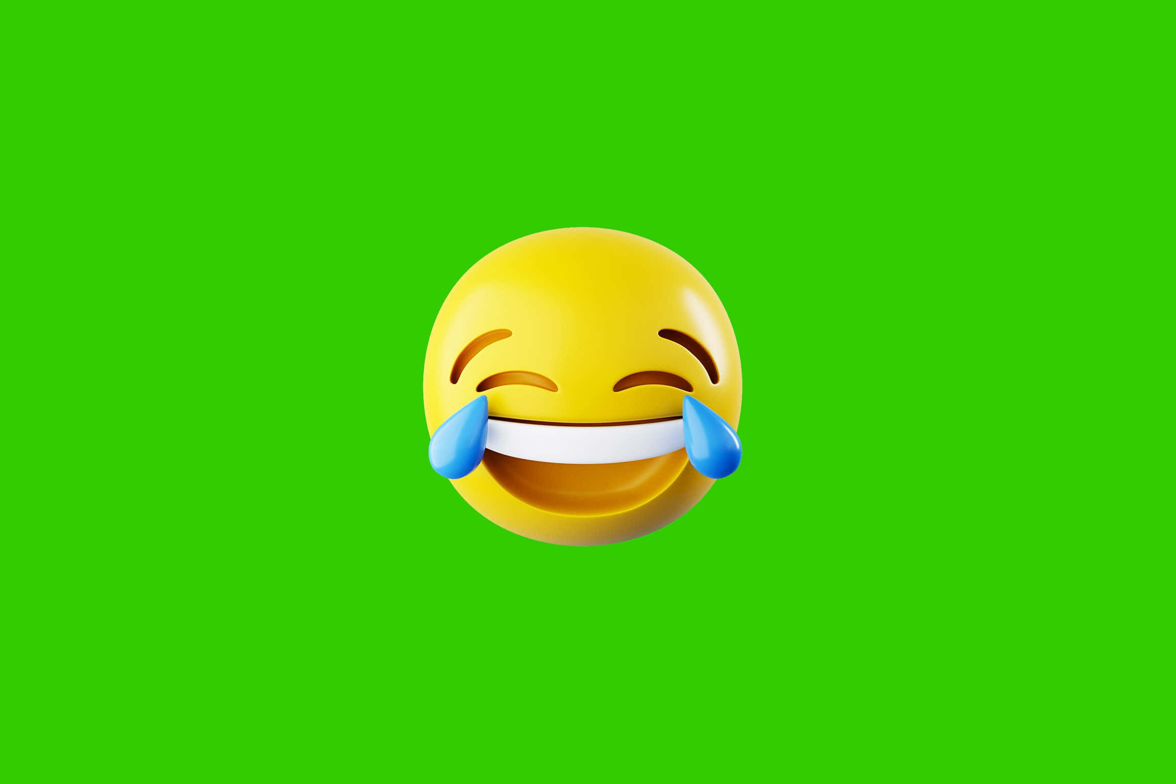 Laughing 桌布 壁紙 — 一個3D渲染的笑臉表情符號，帶有藍色眼淚，背景為純綠色。