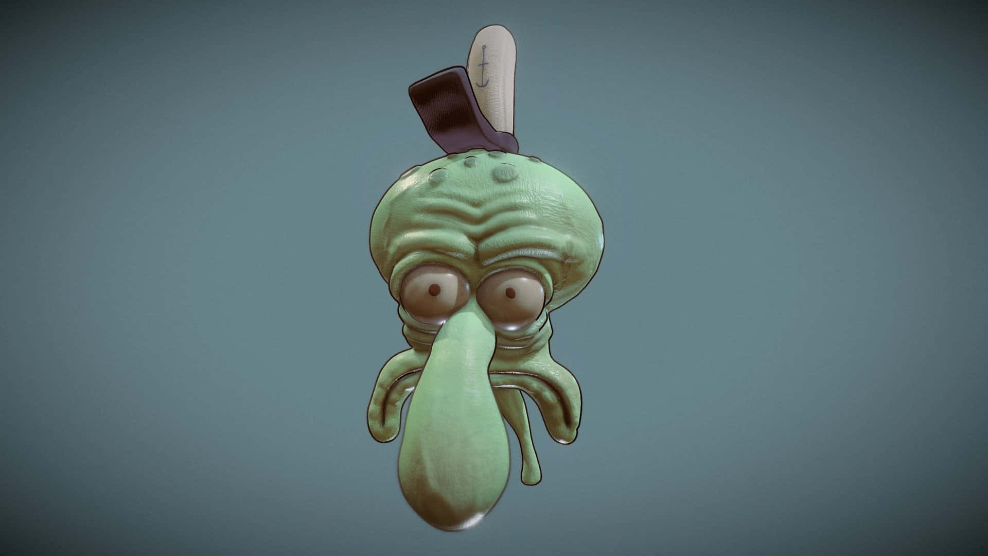 Squidward 桌布 壁紙 — 一個3D渲染的綠色魷魚角色，長鼻子戴單片眼鏡，在柔和的灰色背景上漂浮。