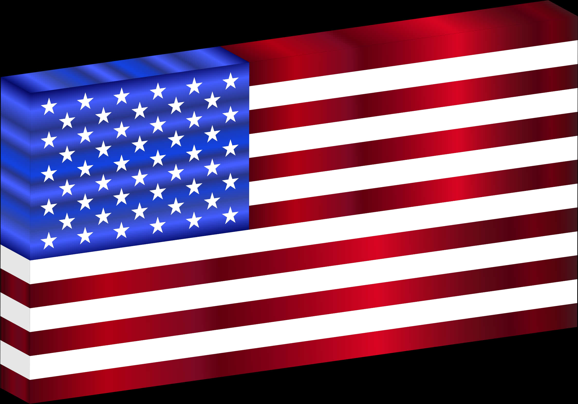 USA Flag 桌布 壁紙 — 一個3D渲染的美國國旗，帶有紅色、白色和藍色條紋和星星，在黑色背景上發光。
