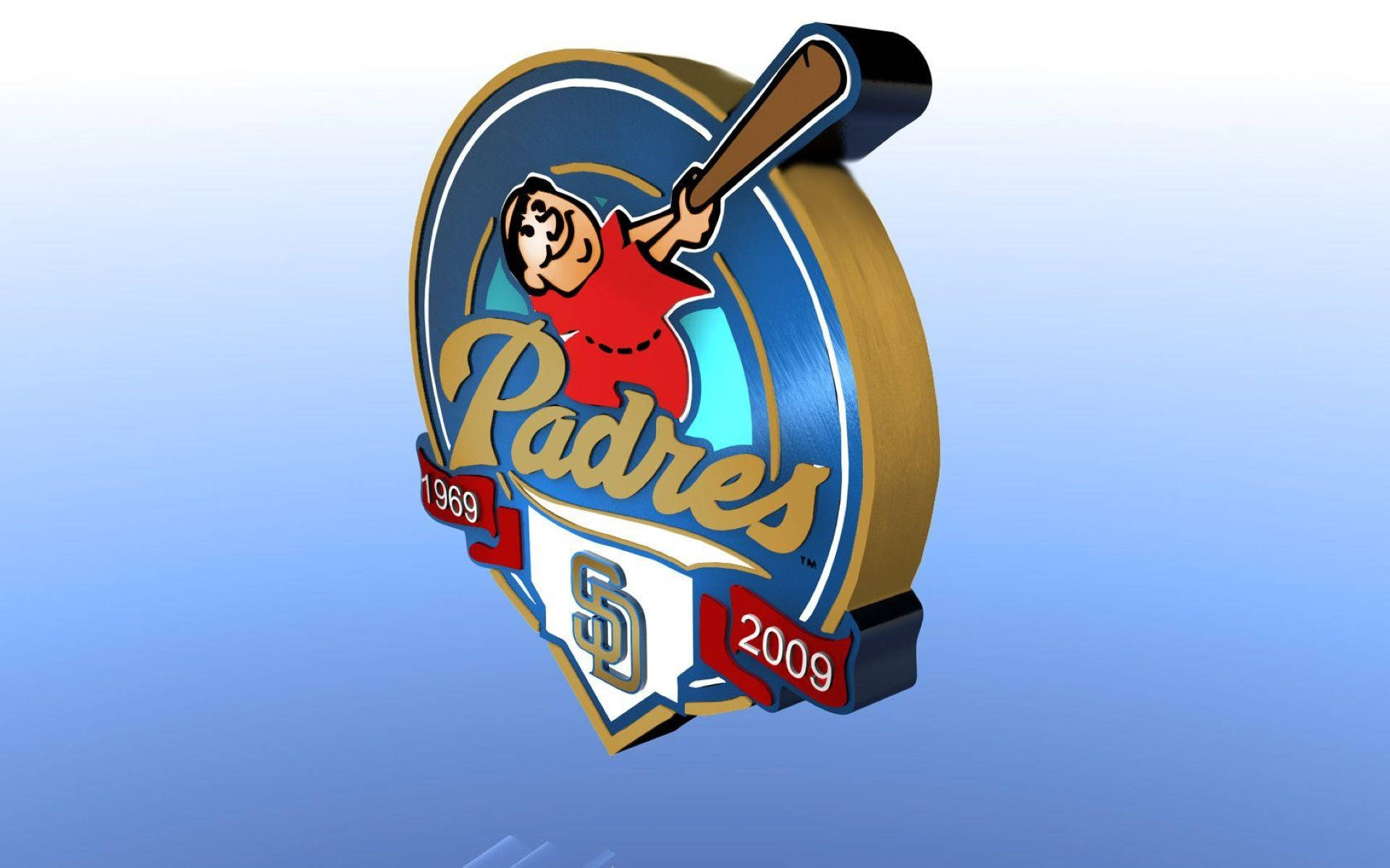 Padres 桌布 壁紙 — 一個3D渲染的聖地牙哥教士隊標誌，以紅色卡通打者在漸變藍色背景上揮棒為特色。