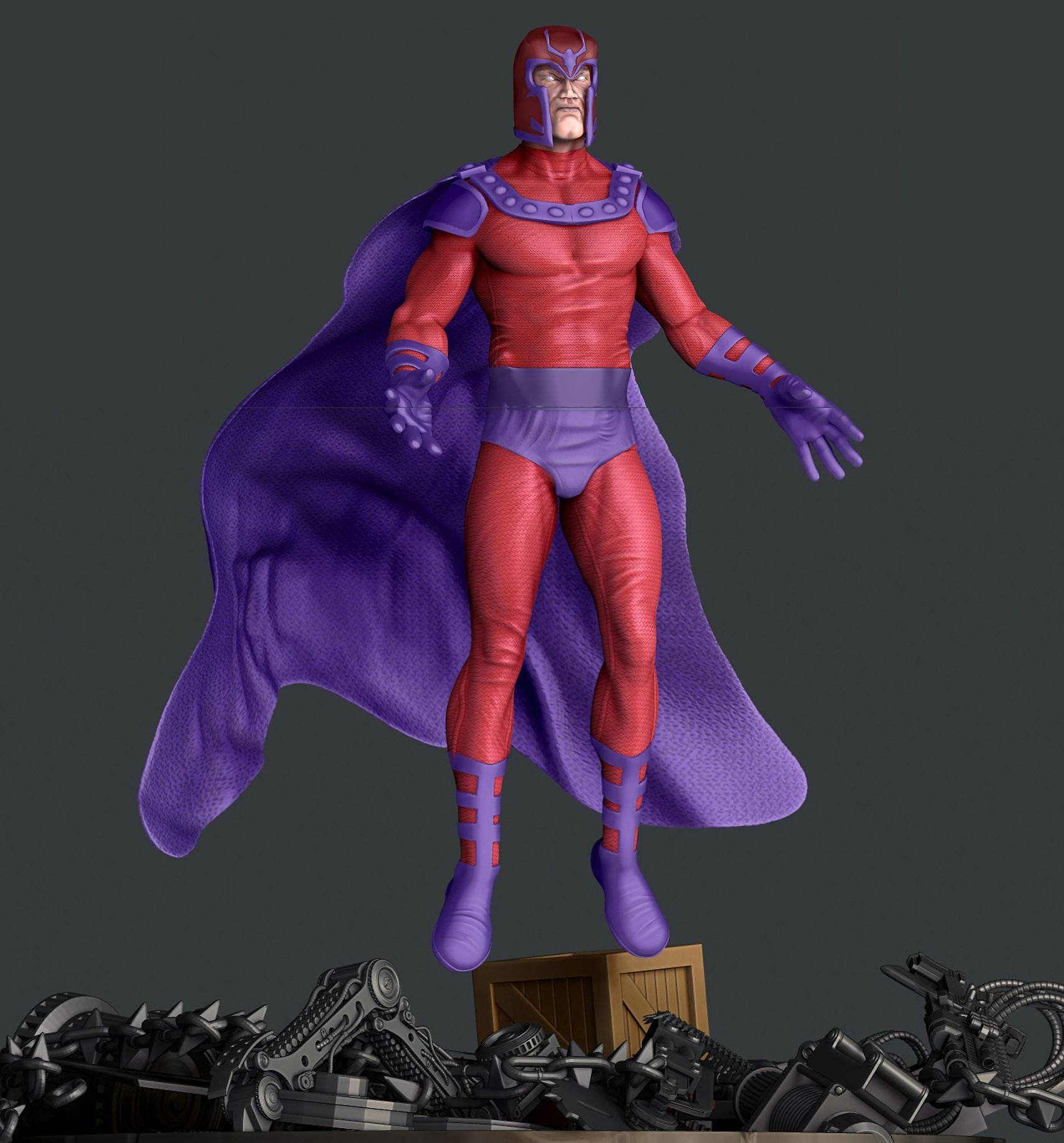 Magneto 桌布 壁紙 — 一個3D渲染的萬磁王（Magneto）人偶，身穿紅紫色服裝，在深灰色背景前懸浮於機械殘骸之上。
