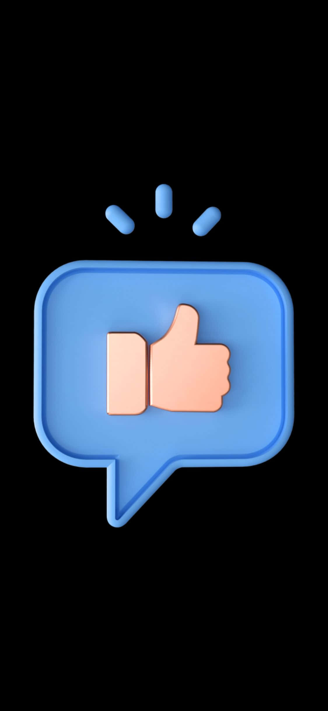 iPhone X Social 桌布 壁紙 — 一個3D渲染的藍色對話氣泡，上面有一個桃色豎起大拇指圖示和三個藍色閃光，背景為黑色。