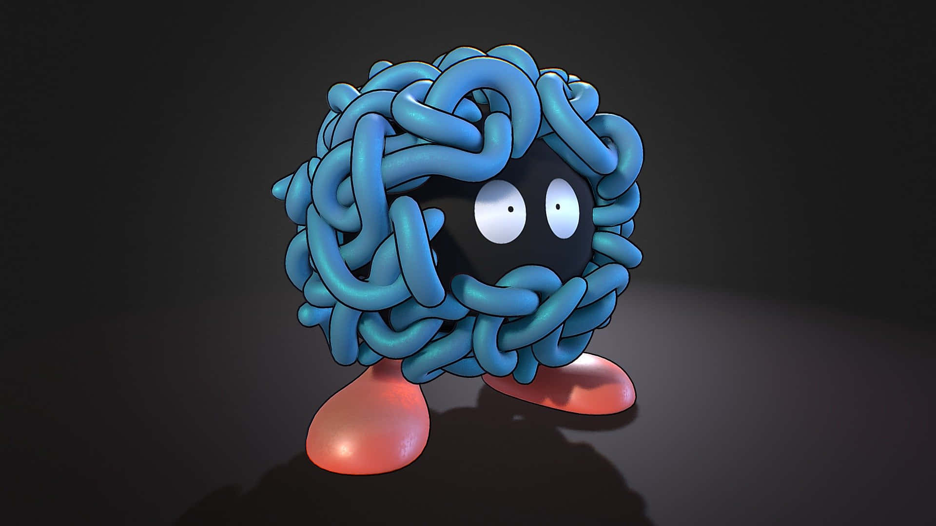 動畫 桌布 壁紙 — 一個3D渲染的藍色打結生物，有大白色眼睛和粉紅色腳，站在一個黑暗的反光表面上。