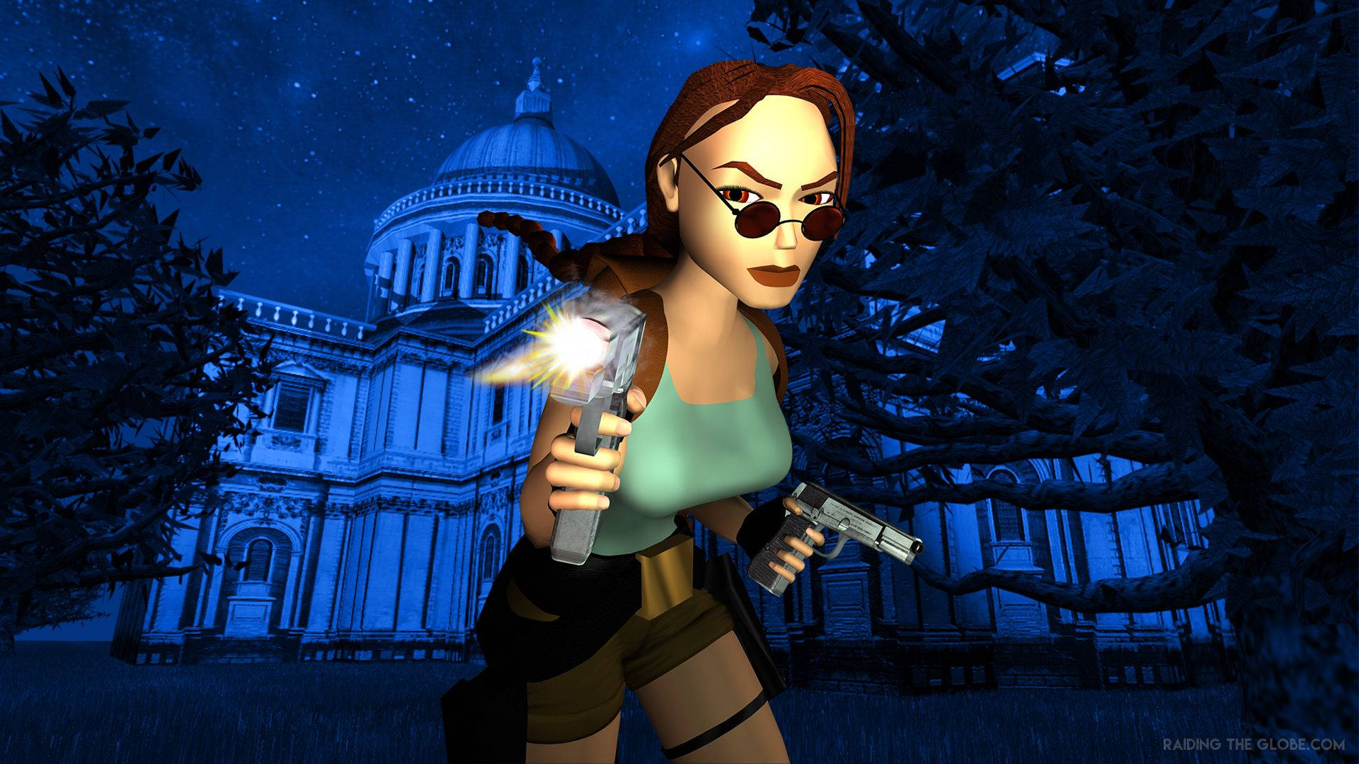 Tomb Raider Game 桌布 壁紙 — 一個3D渲染的蘿拉·卡芙特在星空下，於圓頂建築前在夜間瞄準一把發光的手槍。