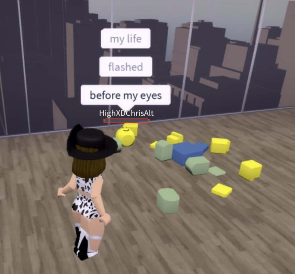 Funny Roblox 桌布 壁紙 — 一個3D渲染的虛擬角色，身穿乳牛印花服裝和黑色帽子，站在一個充滿彩色積木和城市景觀背景的虛擬房間中。