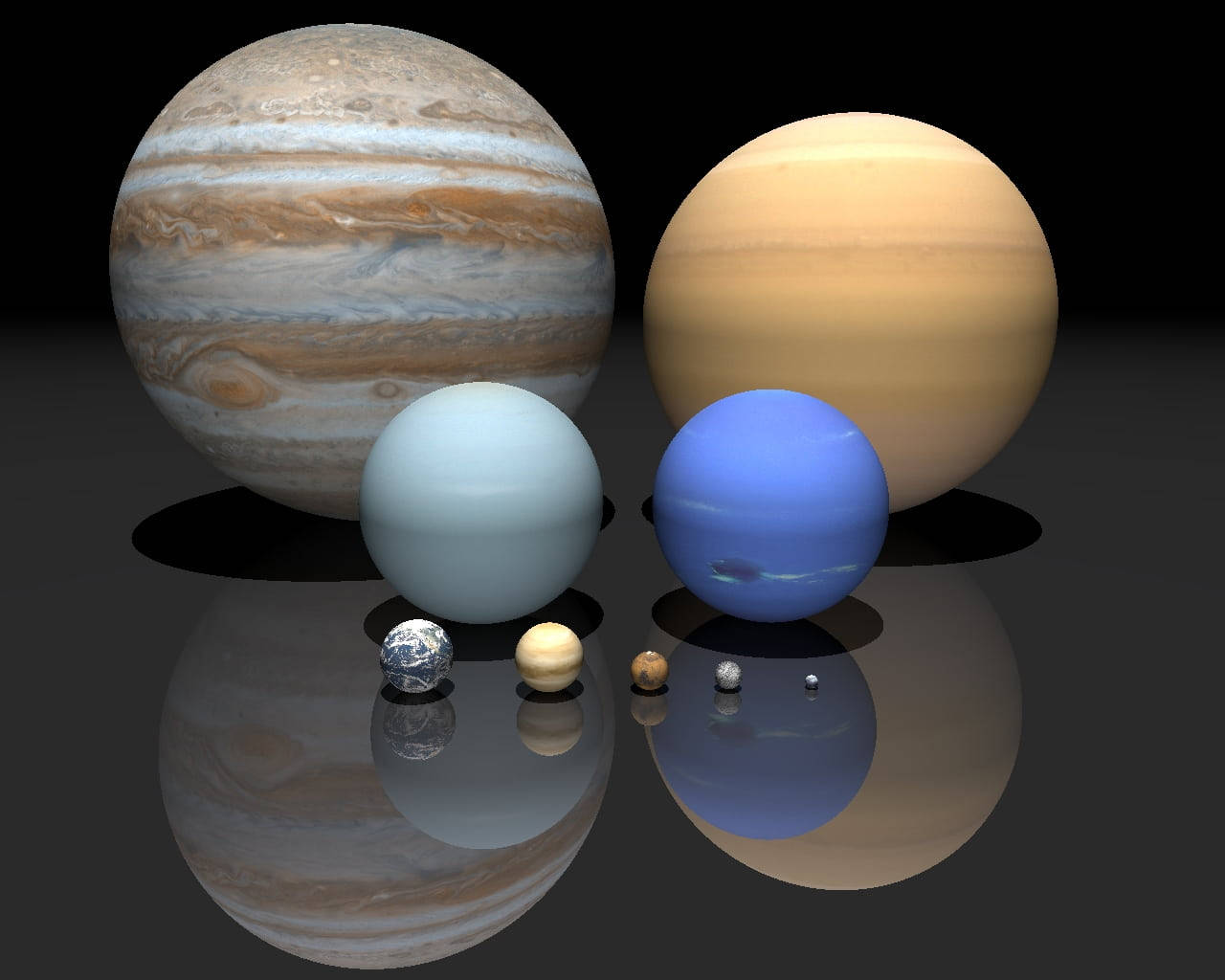 地球 桌布 壁紙 — 一個3D渲染的行星陣容，包括木星和土星，它們在深色光澤表面上的倒影。