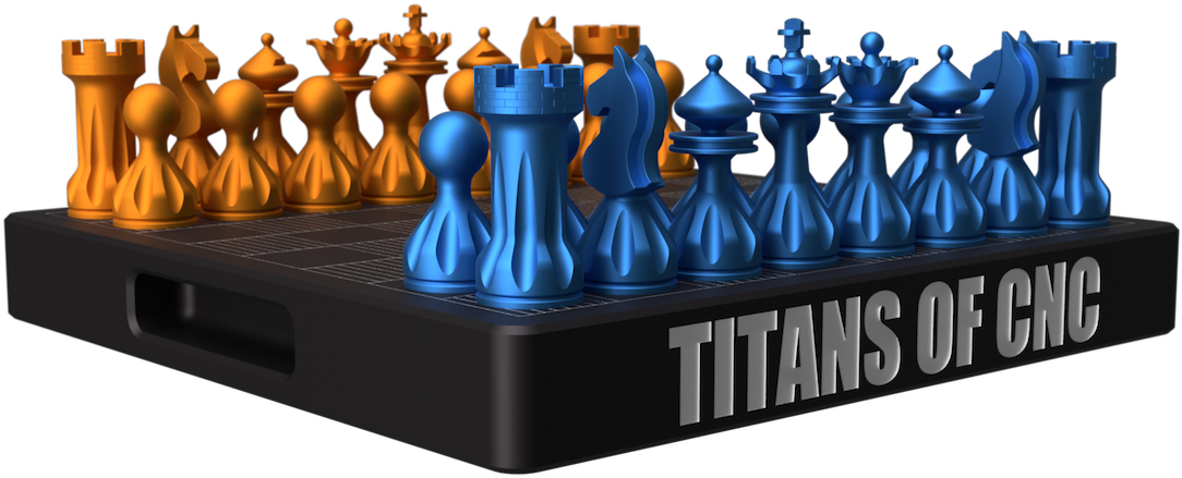 西洋棋 桌布 壁紙 — 一個3D渲染的西洋棋套裝，藍色和金色的棋子放在標有 Titans of CNC 的黑色棋盤上。
