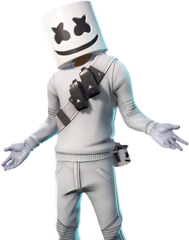 Marshmello 動態圖 桌布 壁紙 — 一個3D渲染的角色，戴著白色棉花糖頭盔，穿著相配的服裝，配有黑色裝備帶，站在黑色背景前。