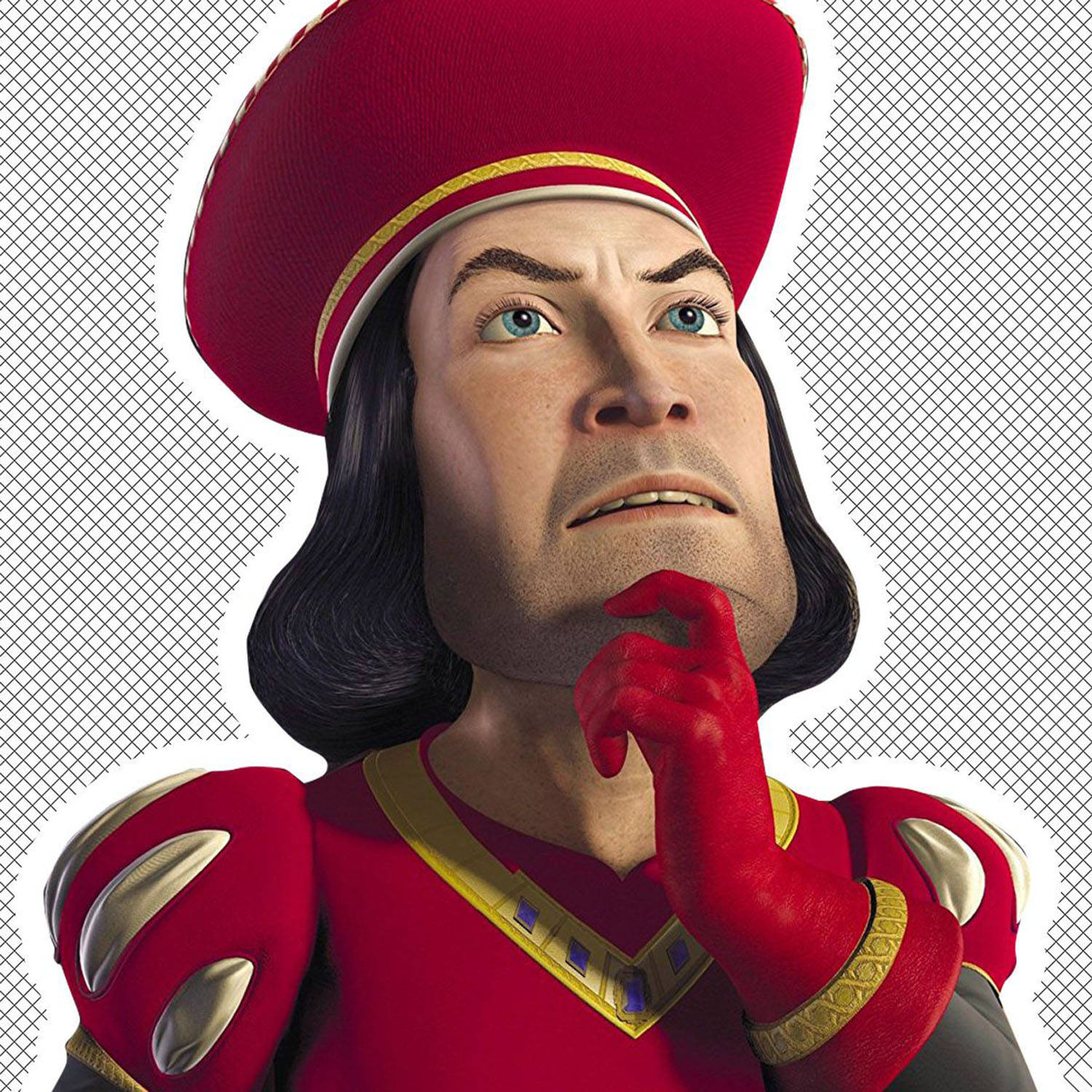 Lord Farquaad 桌布 壁紙 — 一個3D渲染的角色，穿著紅色皇家服飾，在方格背景前露出沉思的表情。