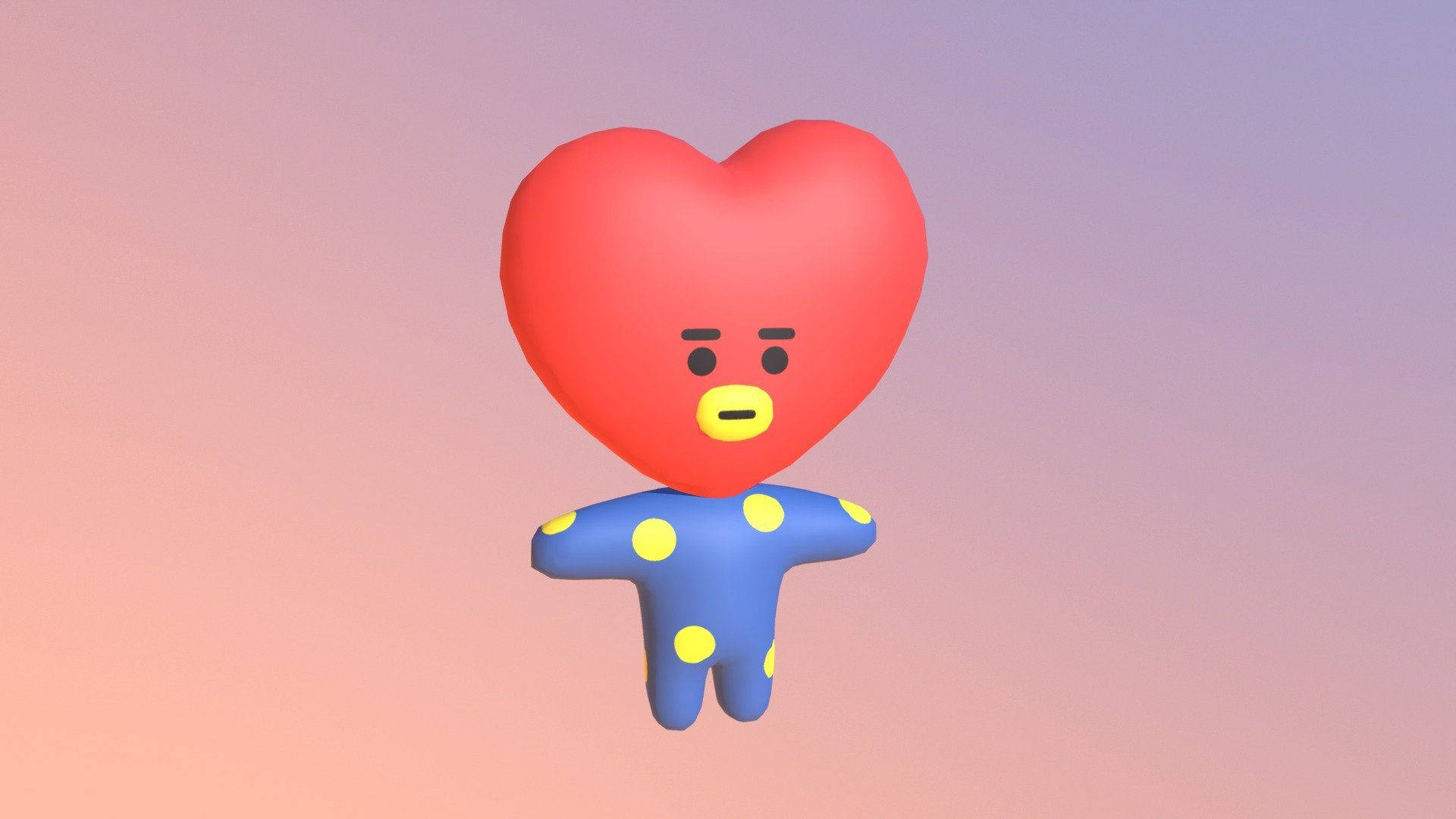 塔塔 BT21 桌布 壁紙 — 一個3D渲染的角色，頭部是紅色心形，身體是藍色圓點，漂浮在柔和的漸變天空前。