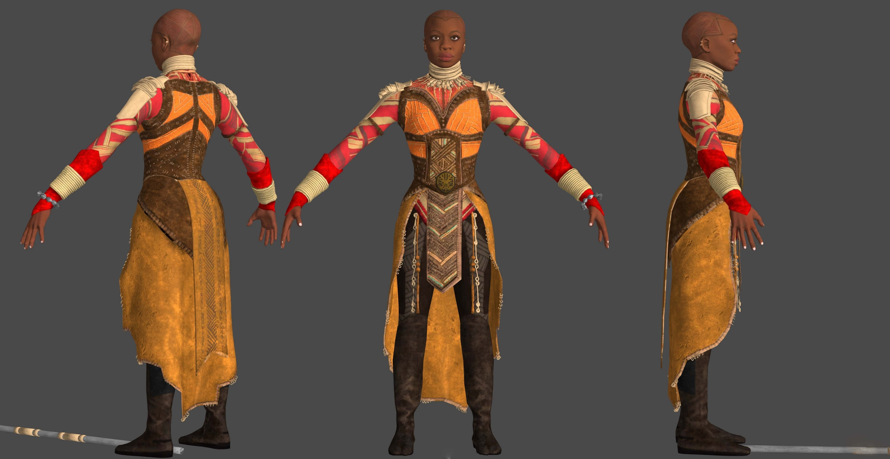Okoye 桌布 壁紙 — 一個3D渲染的角色模型從三個角度展示，穿著華麗的橙紅色和棕色部落風格盔甲。