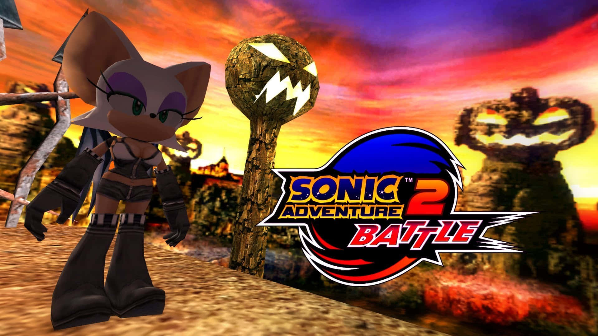 Sonic Pumpkin Hill 桌布 壁紙 — 一個3D渲染的角色站在傑克南瓜燈雕像前，背景是火紅的日落天空，並覆蓋遊戲標誌。