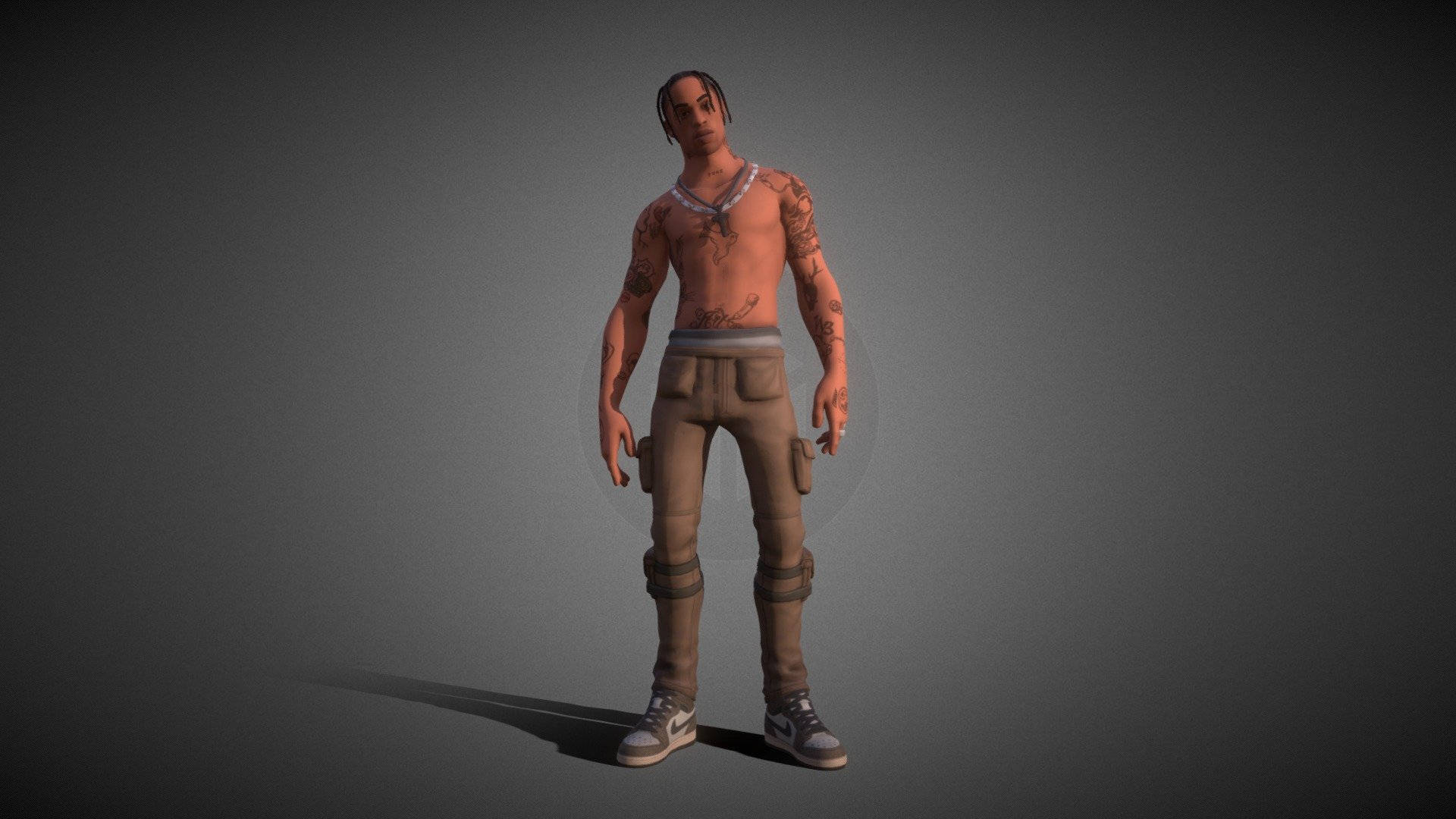Travis Scott Fortnite 桌布 壁紙 — 一個3D渲染的赤裸上身男子，有刺青和工裝褲，站在純灰色工作室背景前。