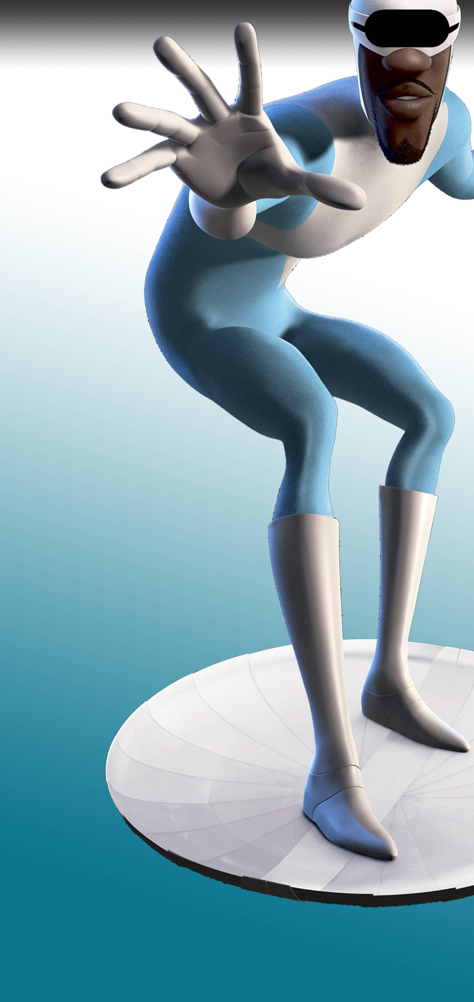 Frozone 桌布 壁紙 — 一個3D渲染的超級英雄，身穿藍白相間的服裝，站在圓形平台上，一隻手向前伸出。