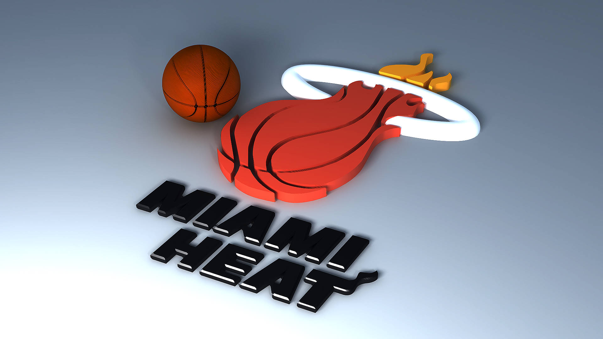 Heat 桌布 壁紙 — 一個3D渲染的邁阿密熱火標誌，包含籃球和球隊名稱，背景為漸變灰色。