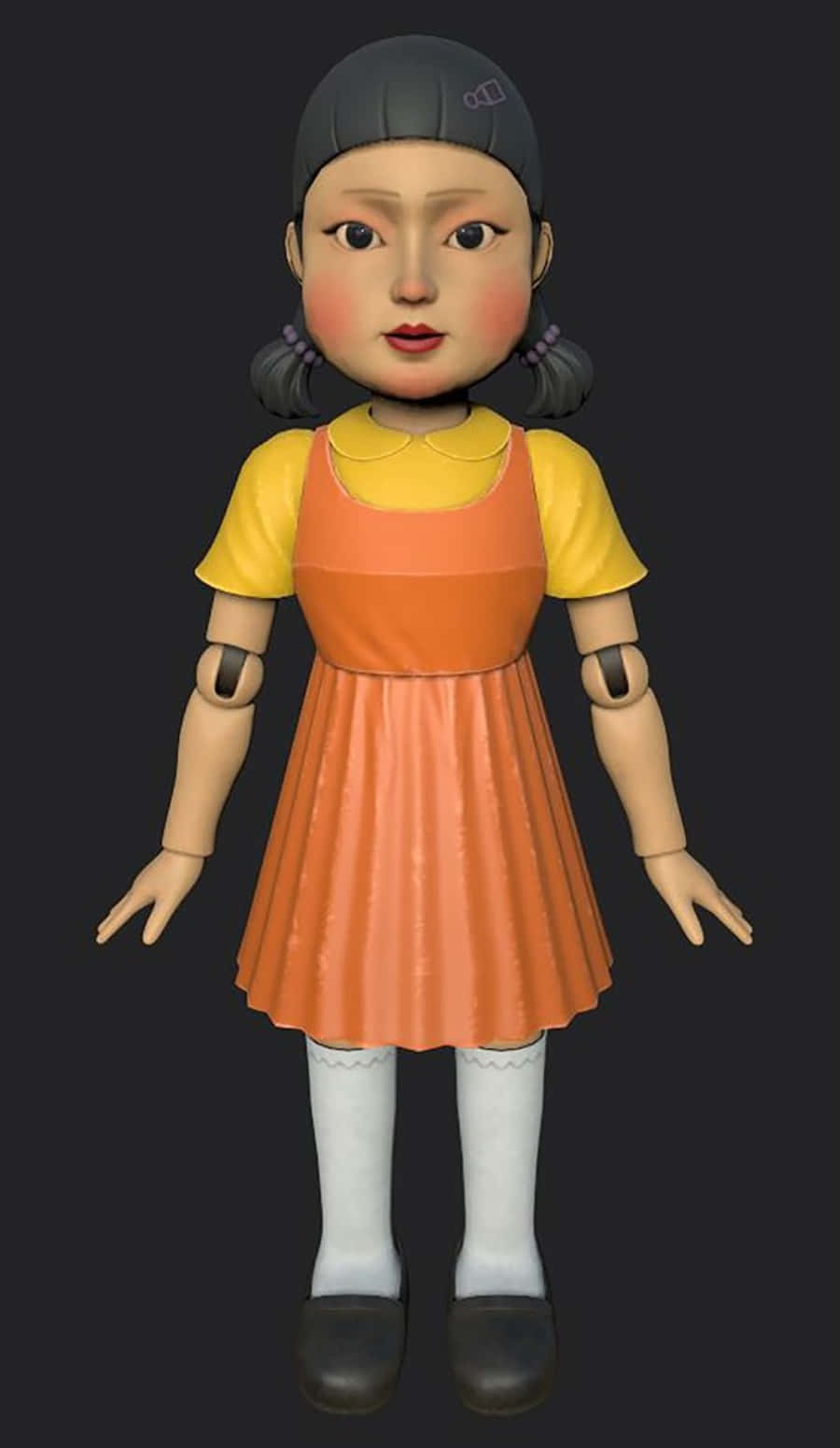 Squid Game 桌布 壁紙 — 一個3D渲染的雙馬尾女孩，穿著黃色襯衫和橙色連衣裙，背景為深色。