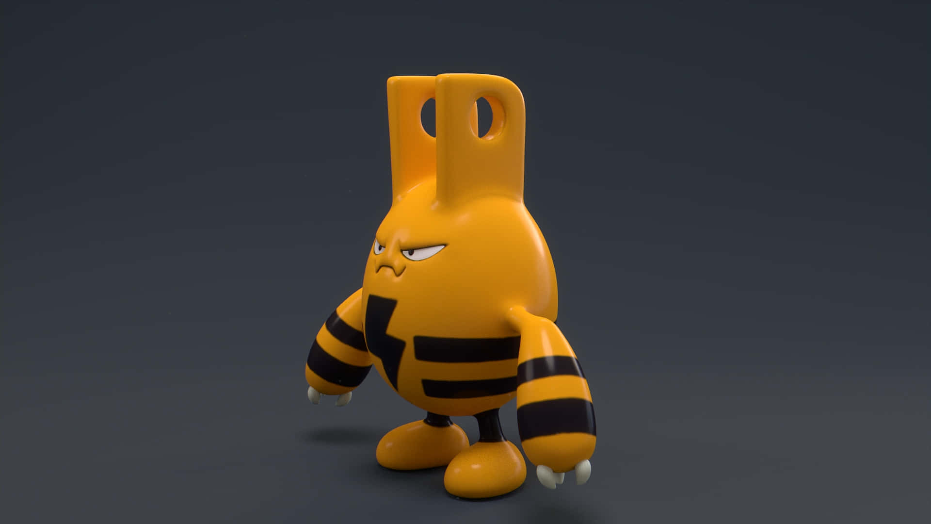 3D 桌布 壁紙 — 一個3D渲染的黃色和黑色電屬性寶可夢，帶著憤怒的眼睛，站在深灰色背景前。