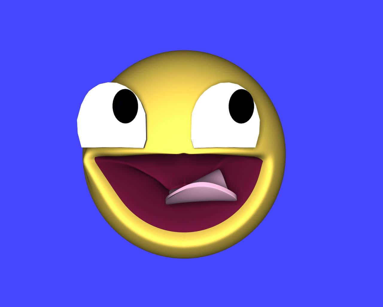 Happy Face 桌布 壁紙 — 一個3D渲染的黃色表情符號，大眼睛，咧嘴笑，背景為純藍色。