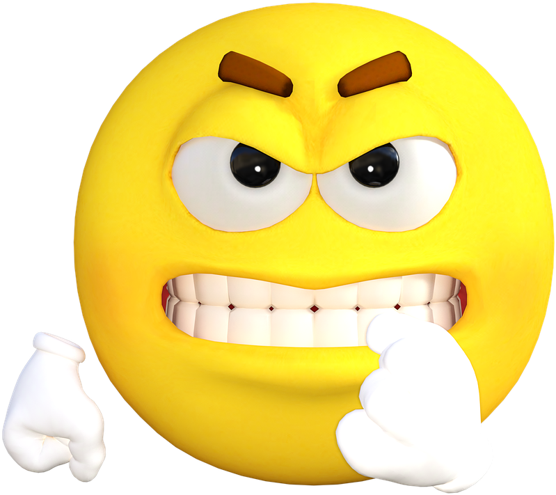 Emote 桌布 壁紙 — 一個3D渲染的黃色表情符號，帶有憤怒的眉毛、露出的牙齒和緊握的拳頭，顯示憤怒。