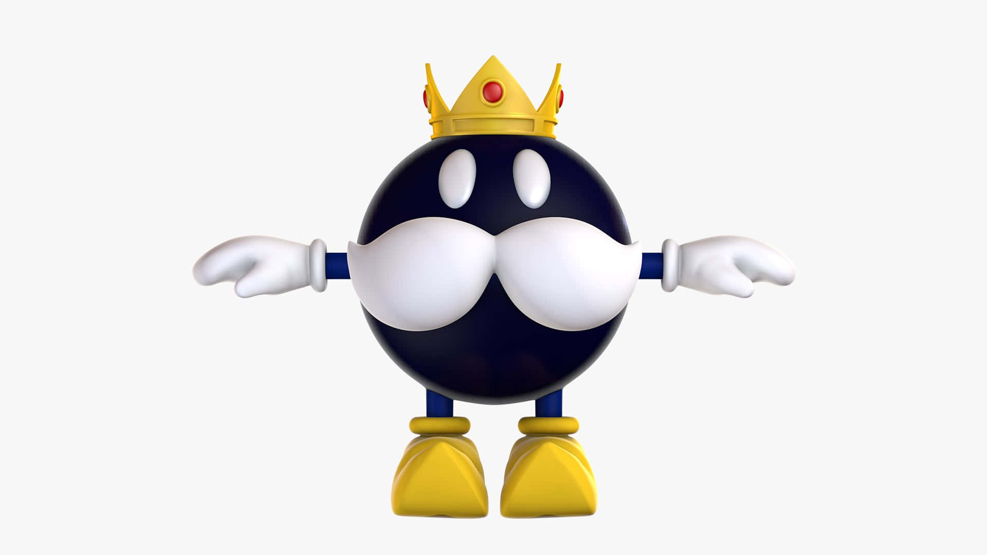 Bob-omb 桌布 壁紙 — 一個3D渲染的黑色球形角色，有白色鬍子，戴著金色皇冠和黃色靴子，背景為純色。