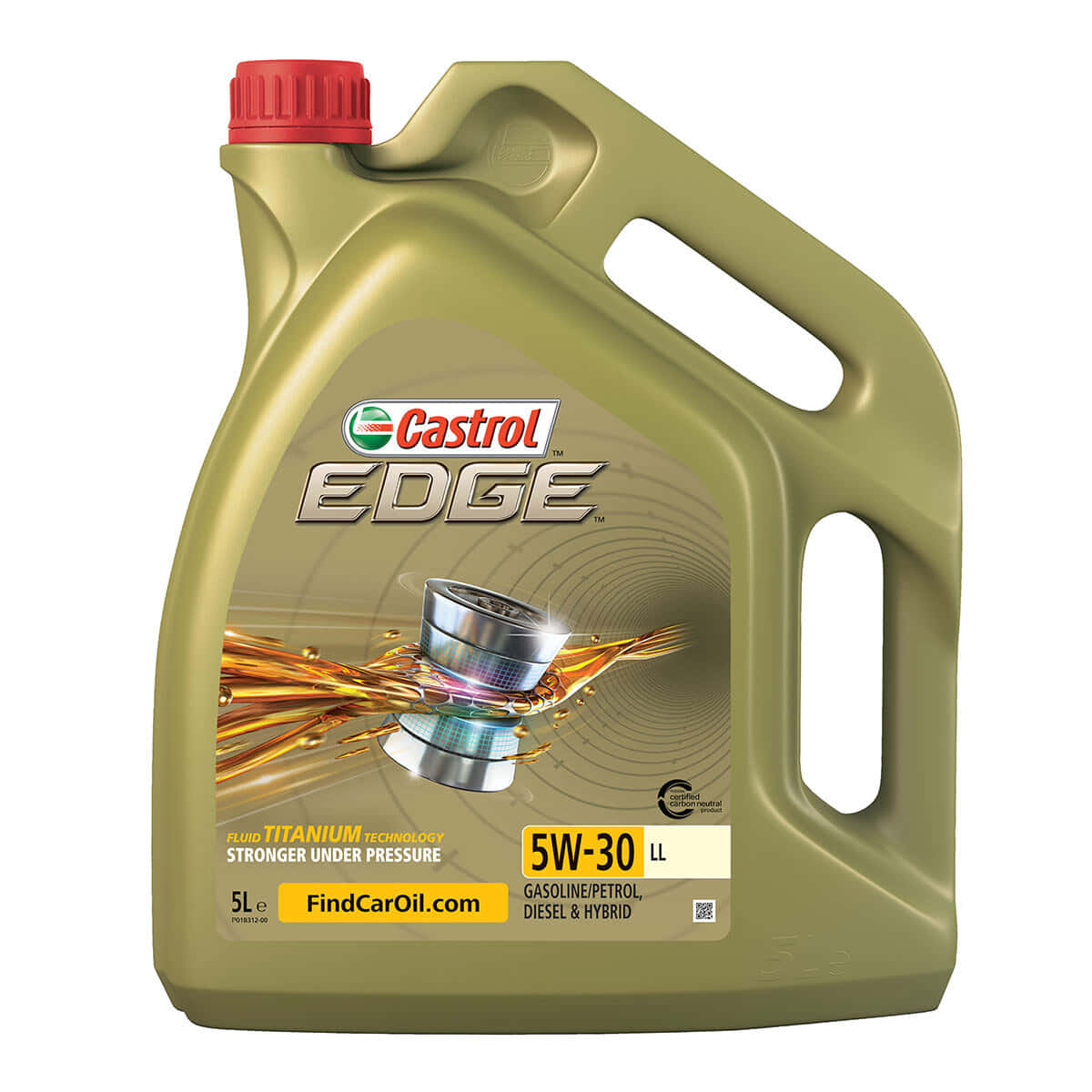 引擎油 桌布 壁紙 — 一個5公升橄欖綠色的Castrol EDGE 5W-30機油瓶，帶有紅色蓋子和標籤上的動態流體圖形。