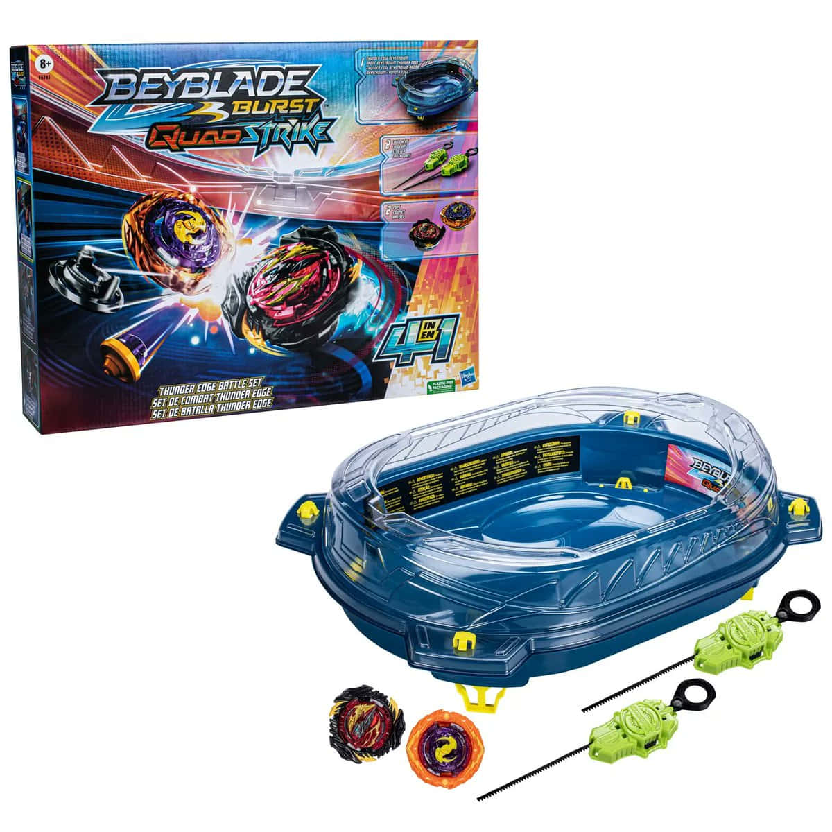戰鬥陀螺爆裂 桌布 壁紙 — 一個Beyblade Burst QuadStrike Thunder Edge對戰套裝，包含競技場、發射器頂部和包裝，背景為白色。