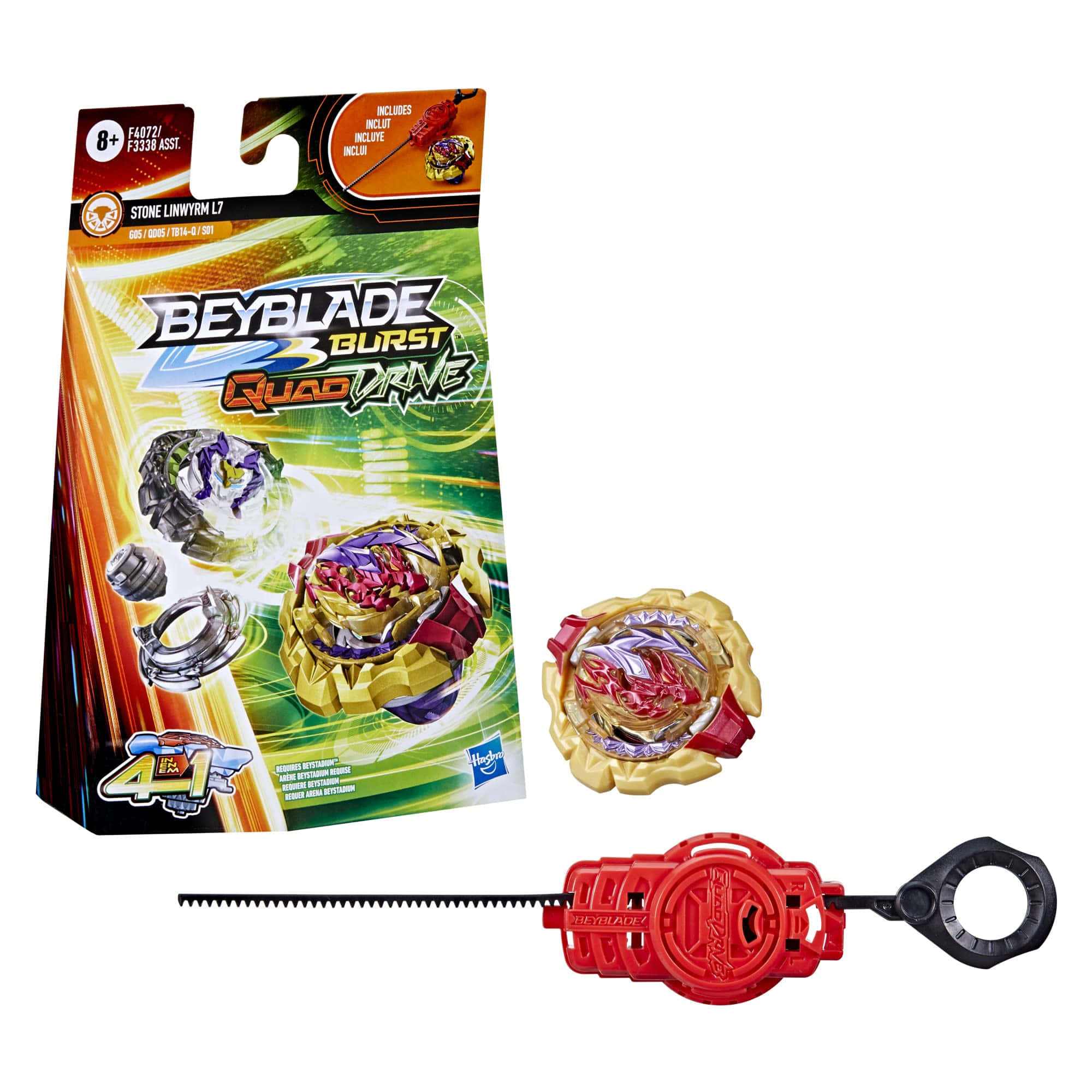 Beyblade Burst 桌布 壁紙 — 一個Beyblade Burst Quad Drive玩具套裝，包含金色和紅色的旋轉陀螺發射器，以及帶有動態能量圖案的包裝。