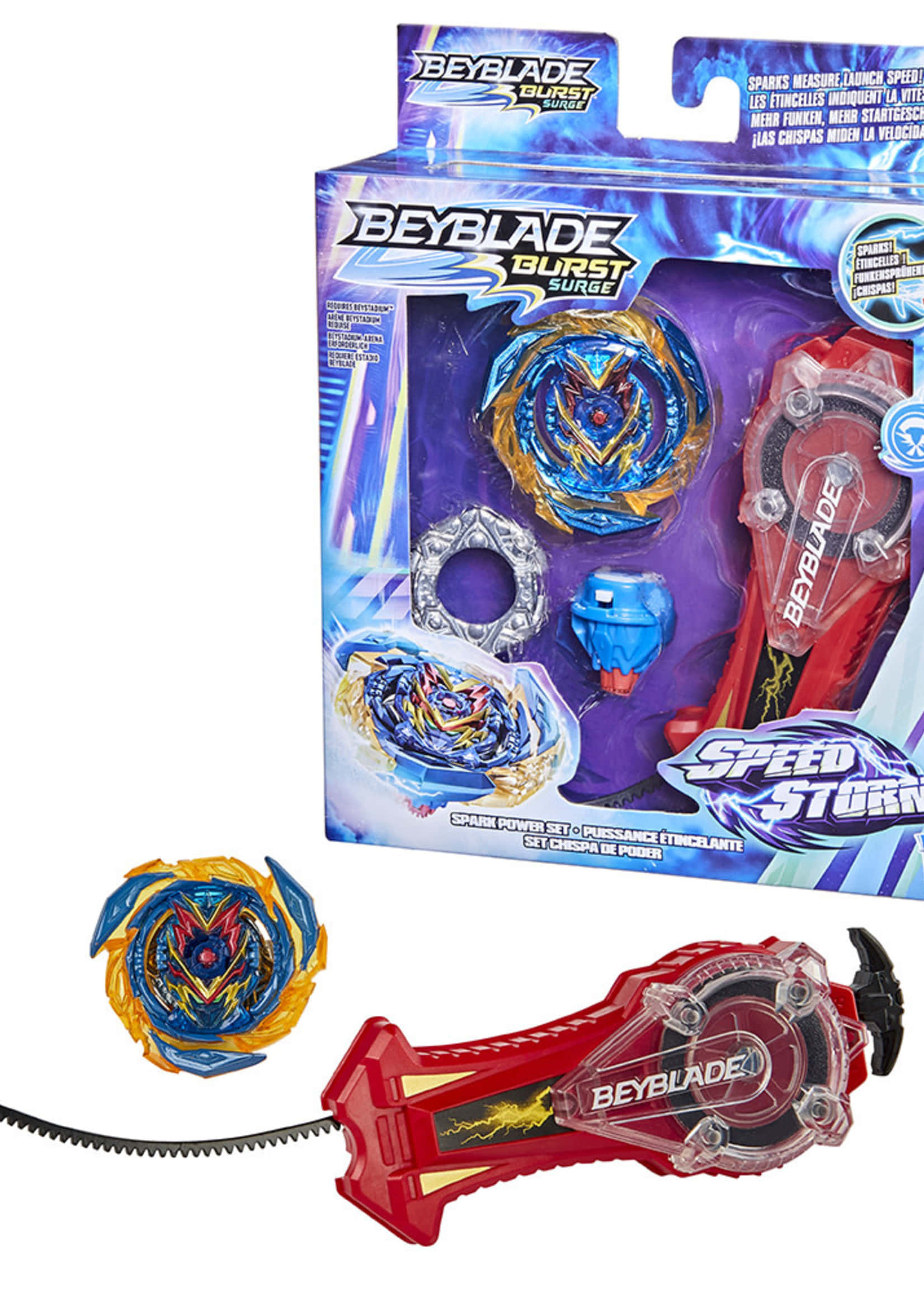 Beyblade Burst 桌布 壁紙 — 一個Beyblade Burst Surge Speed Storm套裝，包含兩個旋轉陀螺和發射器，展示在白色背景上。